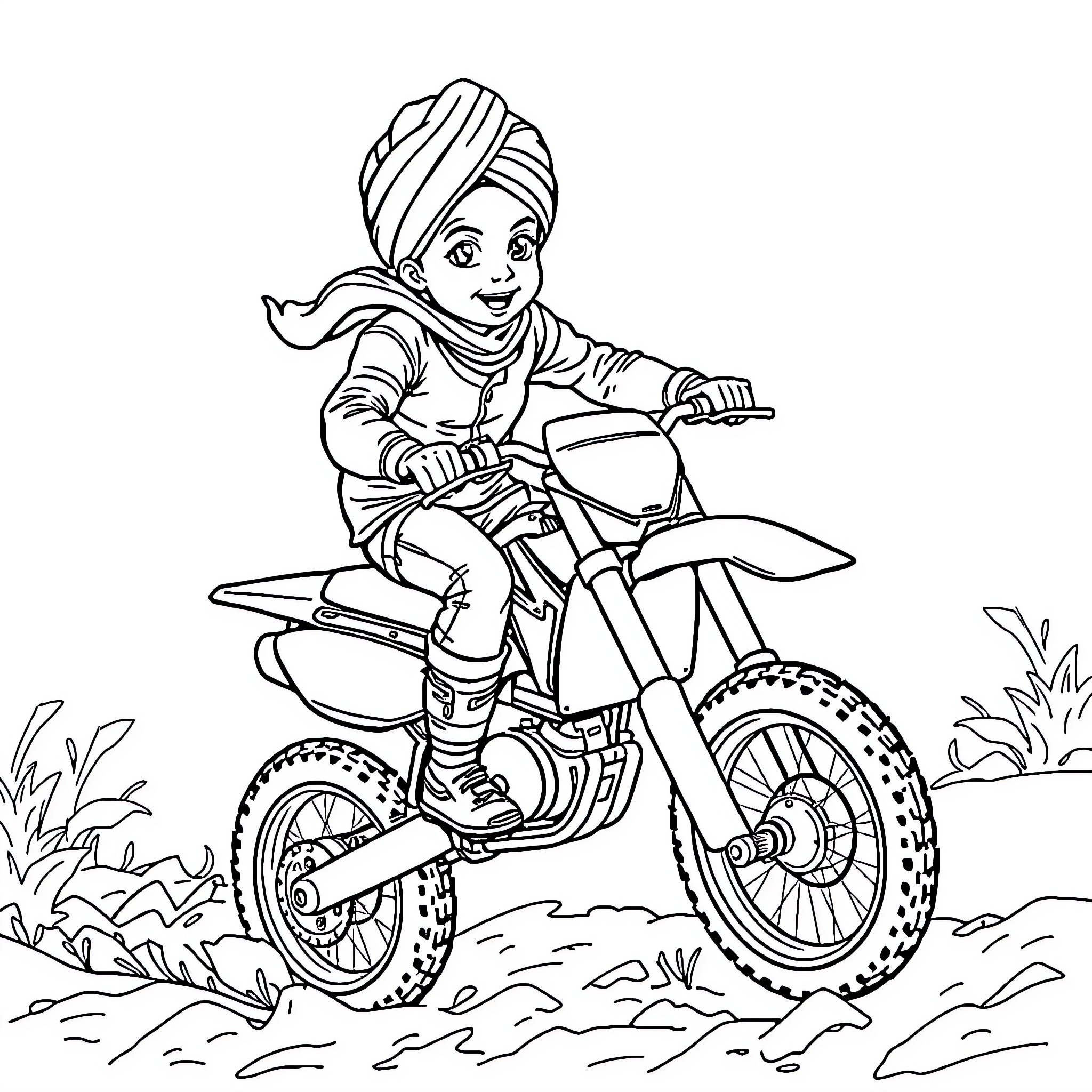 Boy riding dirt bike through the field Coloring Page (free black-and-white line drawing printable PDF for all, from beginners to advanced learners, including children, teens, adults, and seniors)