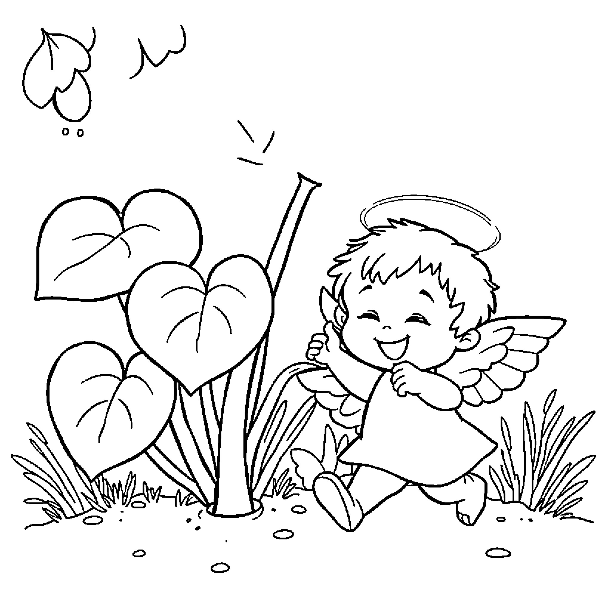 Sonny Angel playing joyfully in nature Coloring Page (free black-and-white line drawing printable PDF for all, from beginners to advanced learners, including children, teens, adults, and seniors)