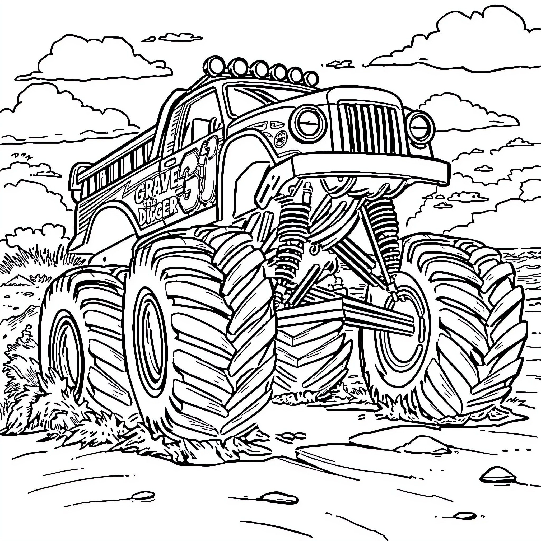Monster Truck Crushing Obstacles on the Road Coloring Page (free black-and-white line drawing printable PDF for all, from beginners to advanced learners, including children, teens, adults, and seniors)
