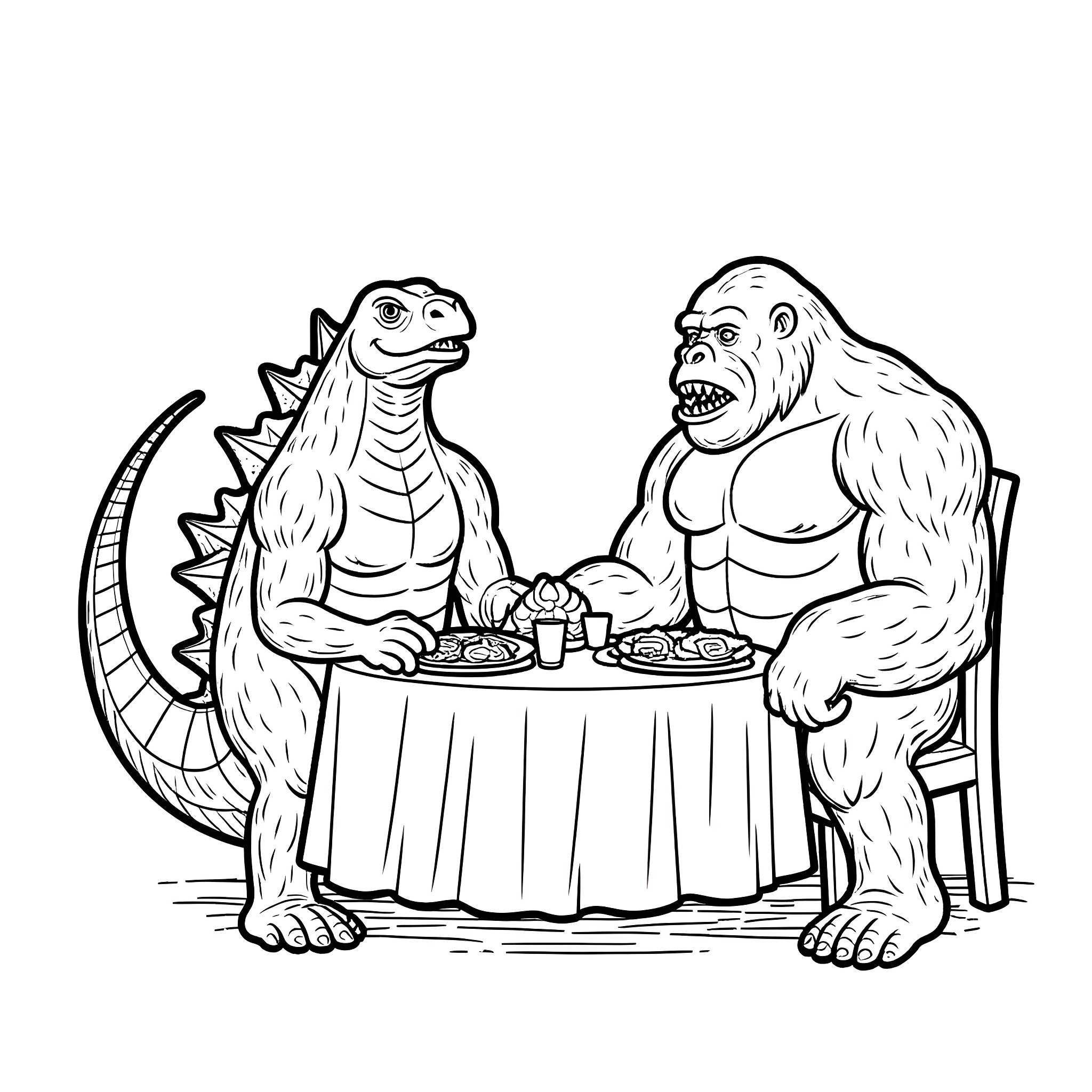 Godzilla and Bigfoot Enjoying a Meal Together Coloring Page (free black-and-white line drawing printable PDF for all, from beginners to advanced learners, including children, teens, adults, and seniors)