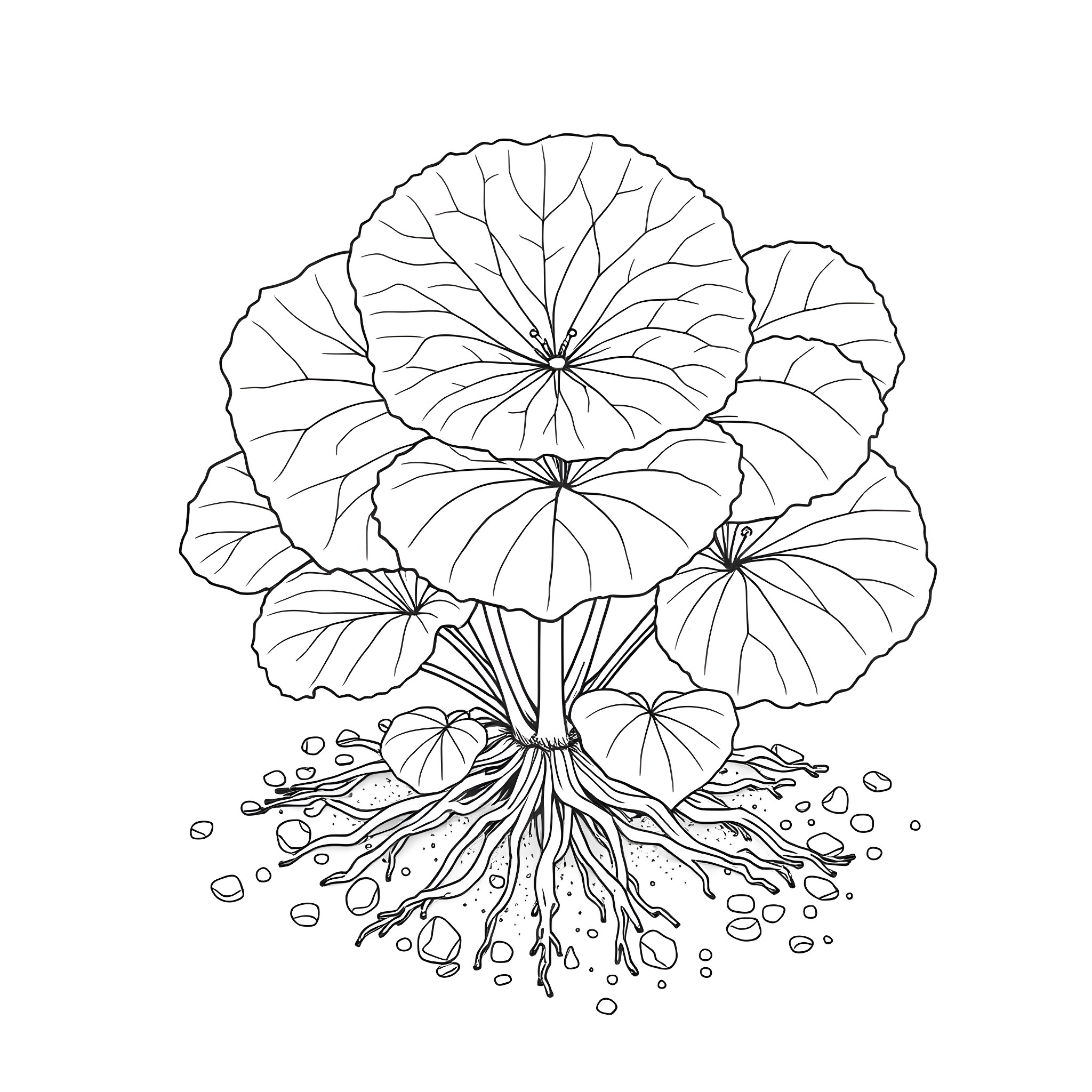 Gotu Kola - Detailed Botanical Illustration Coloring Page (free black-and-white line drawing printable PDF for all, from beginners to advanced learners, including children, teens, adults, and seniors)