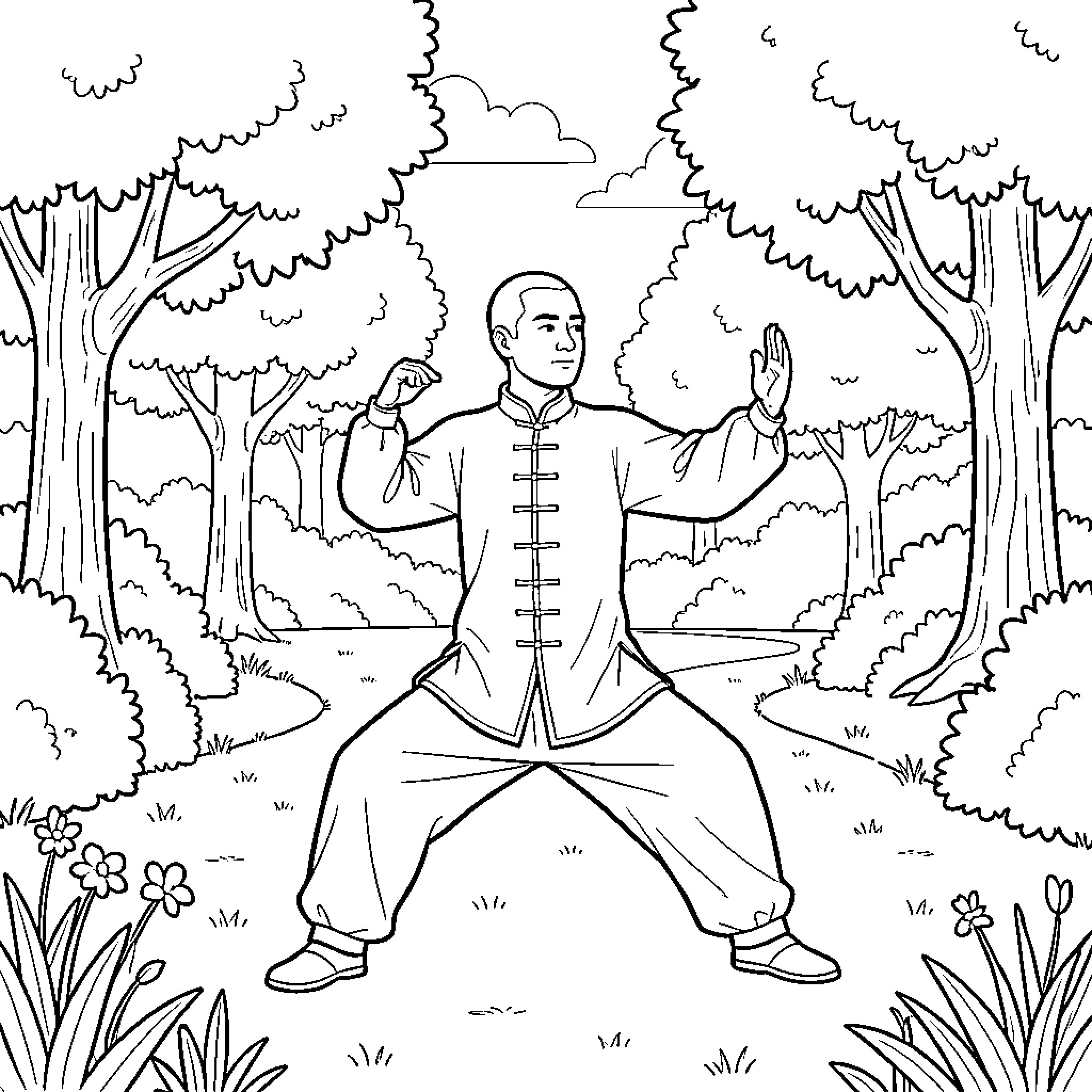 Taichi practitioner performing martial arts moves in a forest Coloring Page (free black-and-white line drawing printable PDF for all, from beginners to advanced learners, including children, teens, adults, and seniors)
