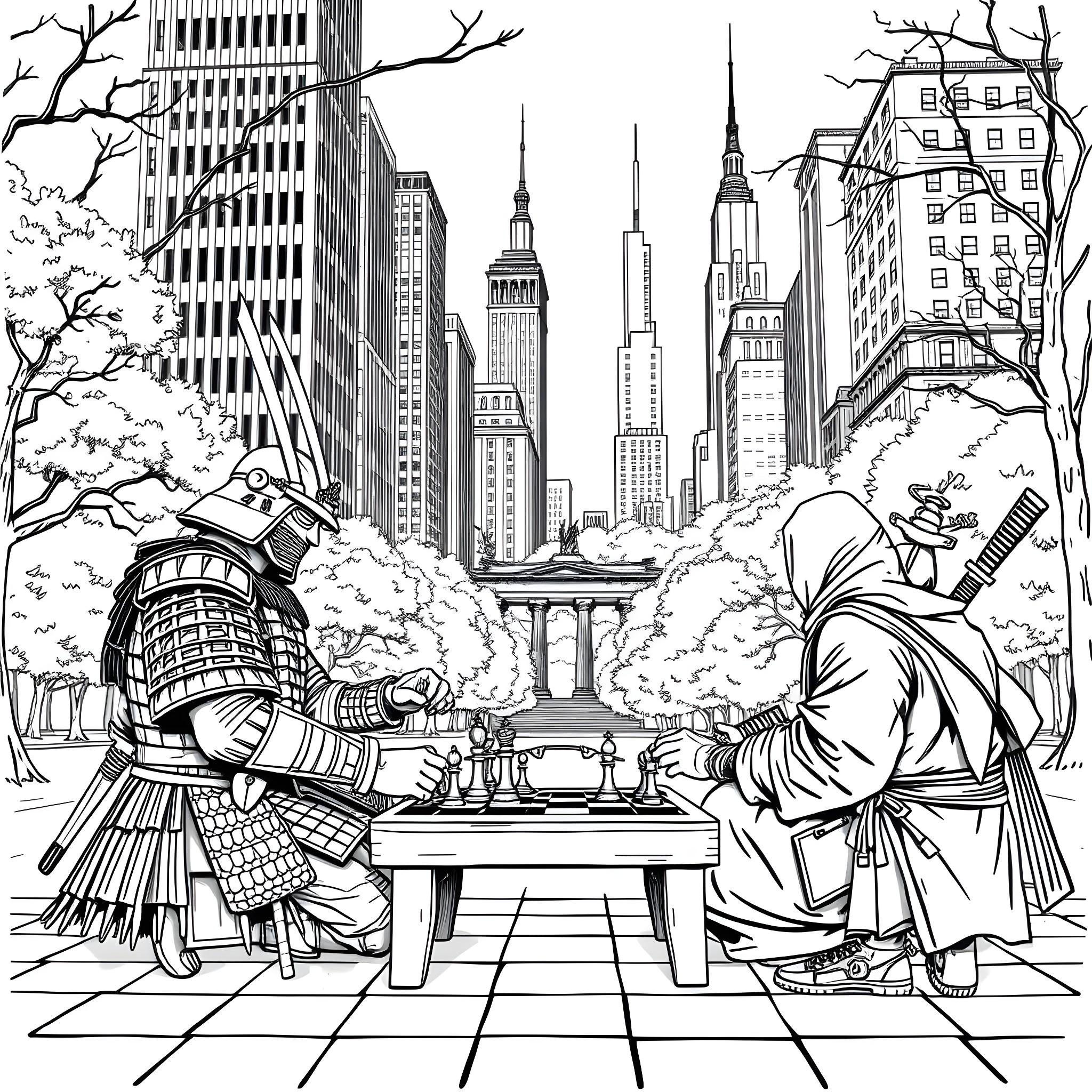 Samurai Contemplation in the Urban Cityscape Coloring Page (free black-and-white line drawing printable PDF for all, from beginners to advanced learners, including children, teens, adults, and seniors)