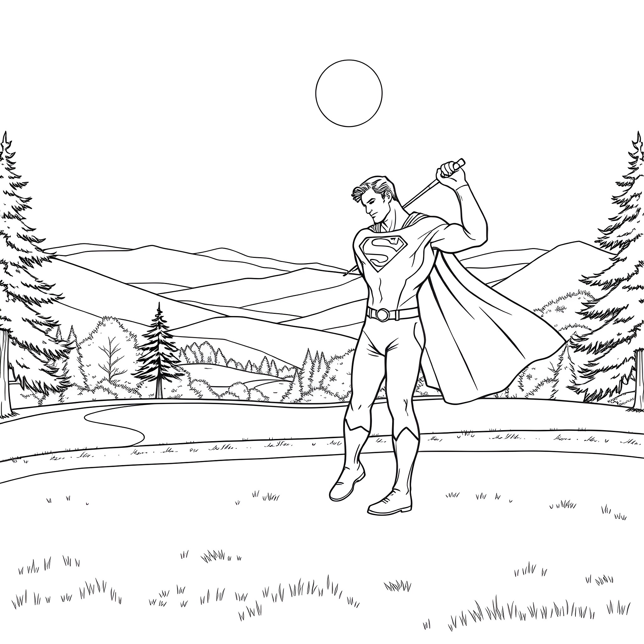 Superman heroically standing in the wilderness Coloring Page (free black-and-white line drawing printable PDF for all, from beginners to advanced learners, including children, teens, adults, and seniors)