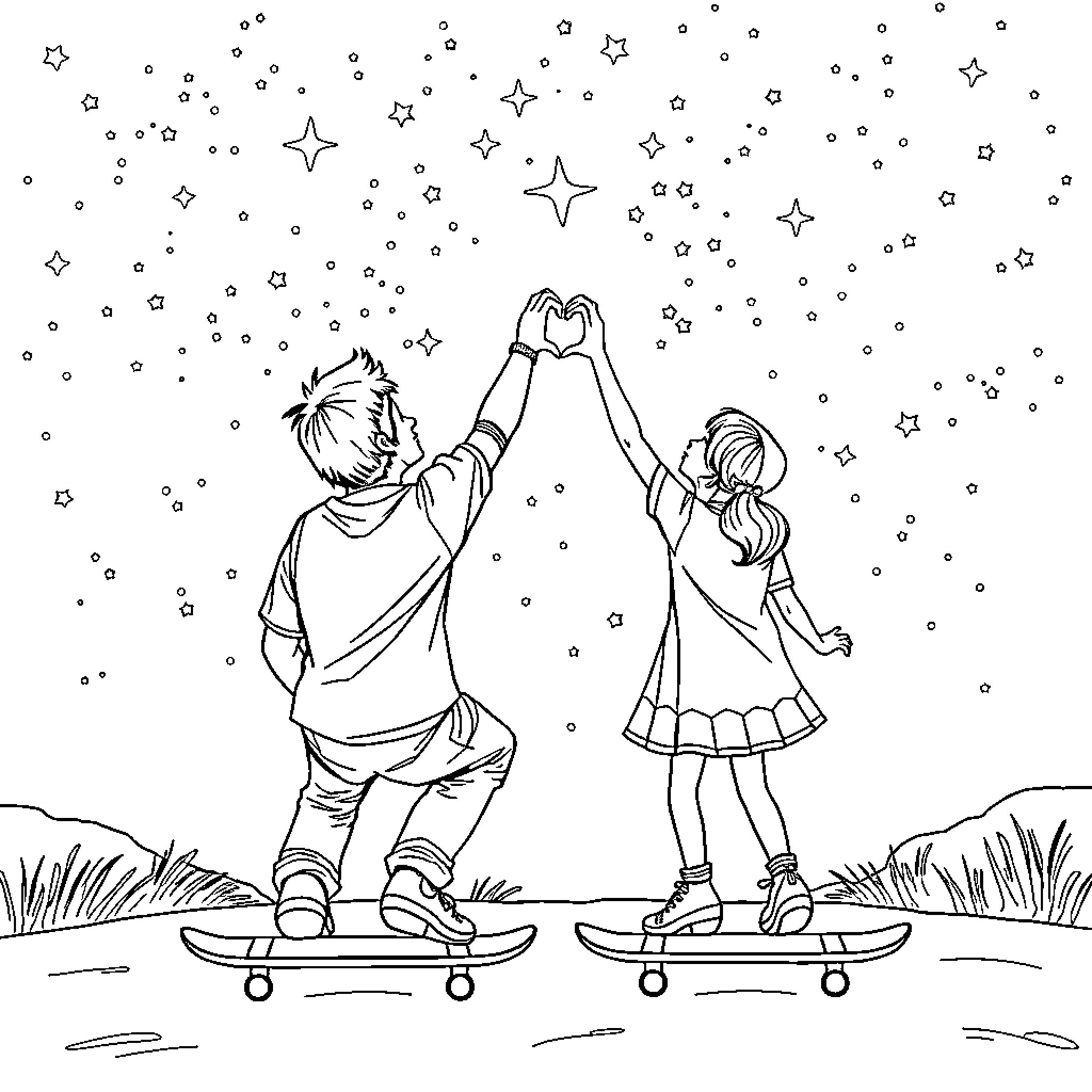 Father and Daughter Skating Under the Stars Coloring Page (free black-and-white line drawing printable PDF for all, from beginners to advanced learners, including children, teens, adults, and seniors)