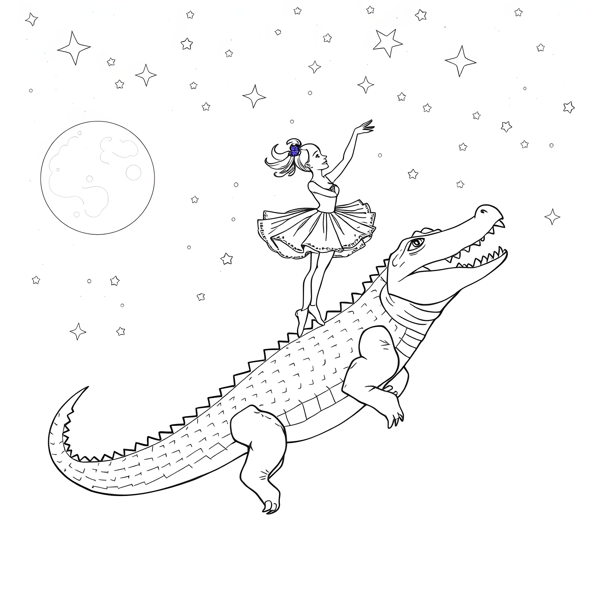 Ballerina dancing with a crocodile under the stars Coloring Page (free black-and-white line drawing printable PDF for all, from beginners to advanced learners, including children, teens, adults, and seniors)
