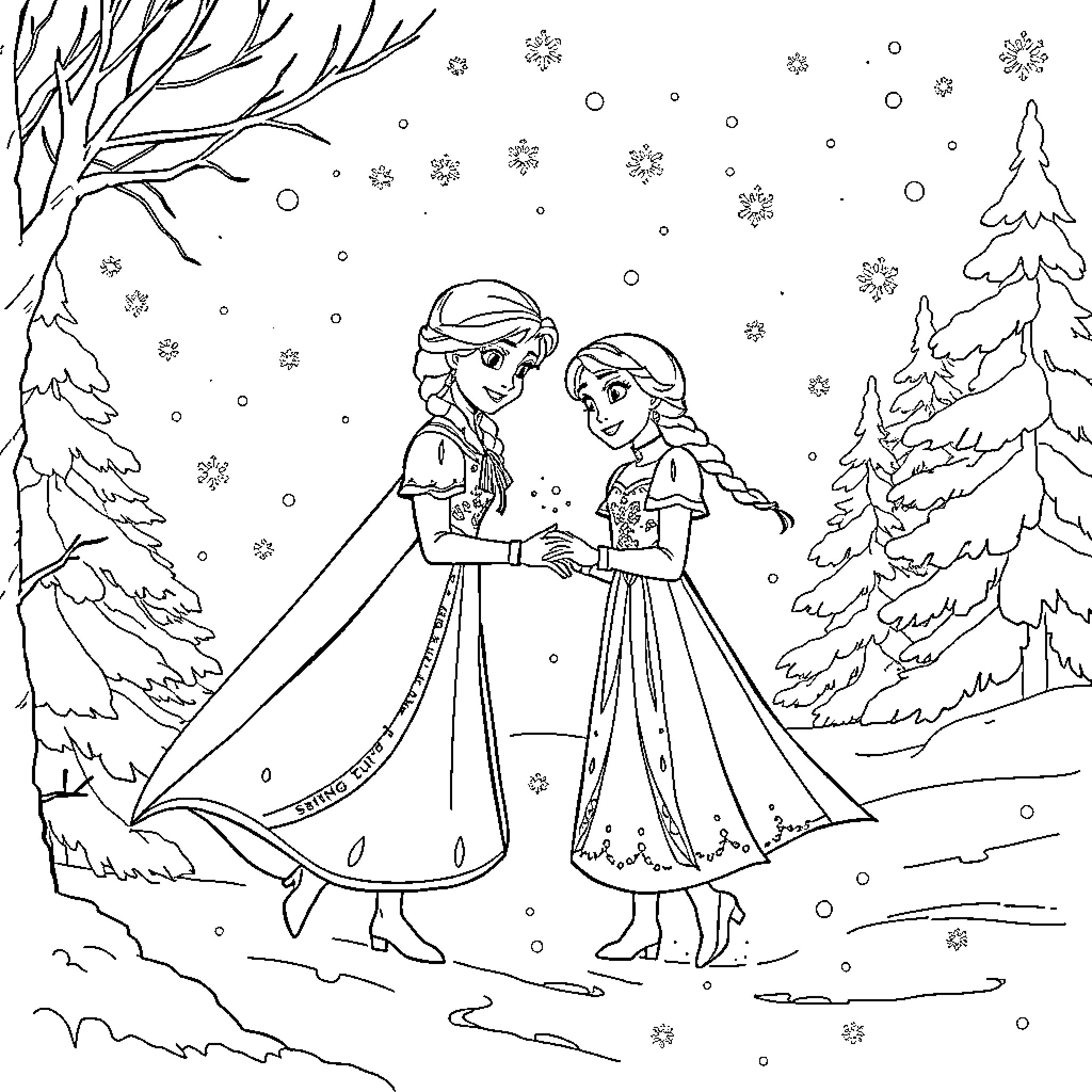 Elsa and Anna walking together in a snowy forest Coloring Page (free black-and-white line drawing printable PDF for all, from beginners to advanced learners, including children, teens, adults, and seniors)