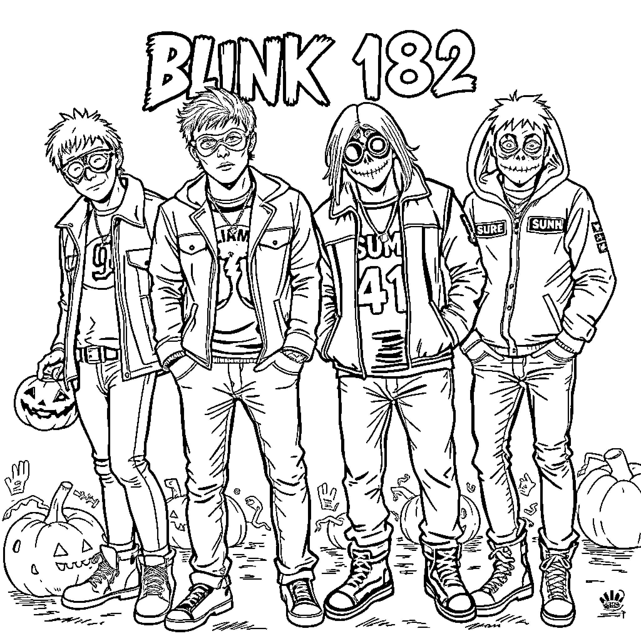 Blink 182 band members in Halloween costumes Coloring Page (free black-and-white line drawing printable PDF for all, from beginners to advanced learners, including children, teens, adults, and seniors)