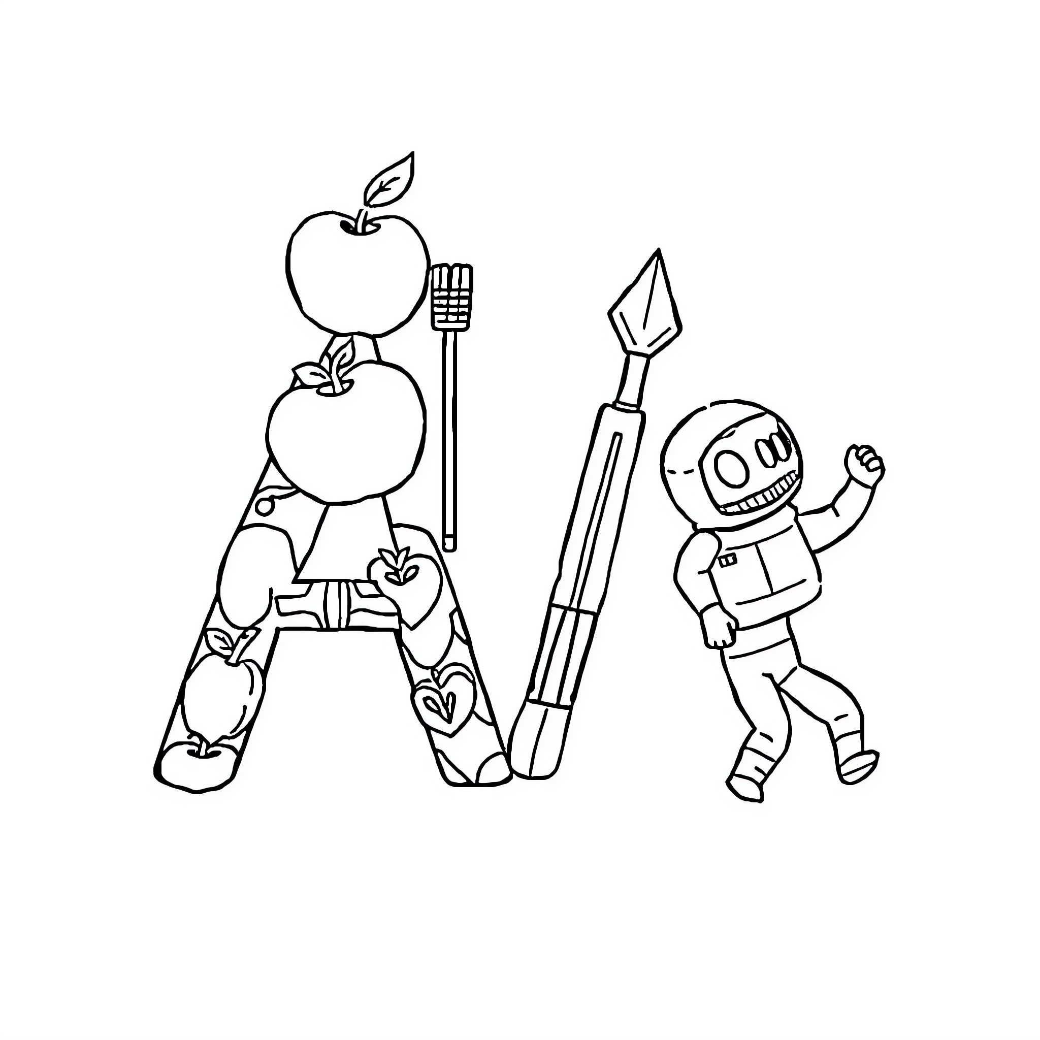 Letter A with Apples and Astronaut Coloring Page (free black-and-white line drawing printable PDF for all, from beginners to advanced learners, including children, teens, adults, and seniors)