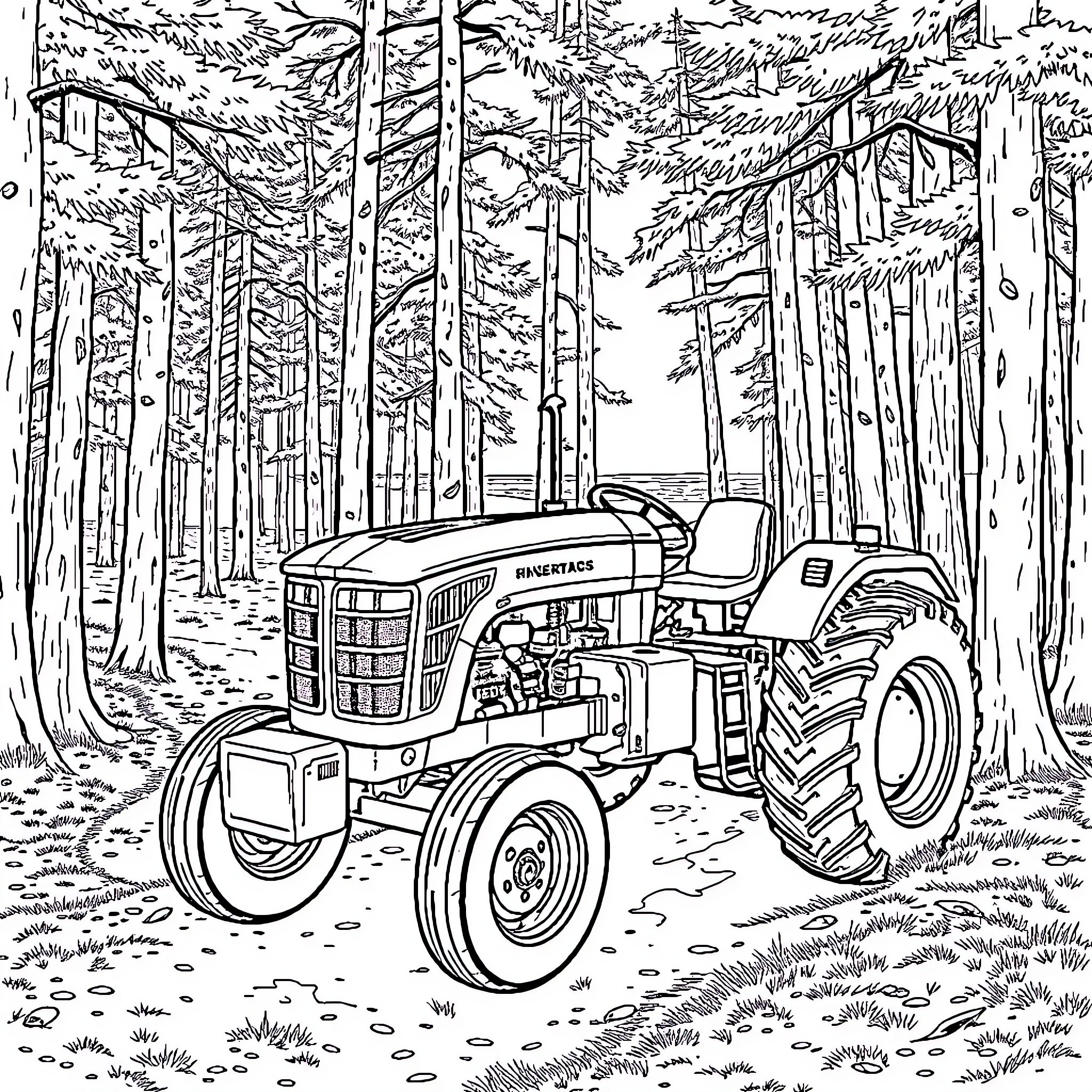 Tractor plowing through the forest Coloring Page (free black-and-white line drawing printable PDF for all, from beginners to advanced learners, including children, teens, adults, and seniors)