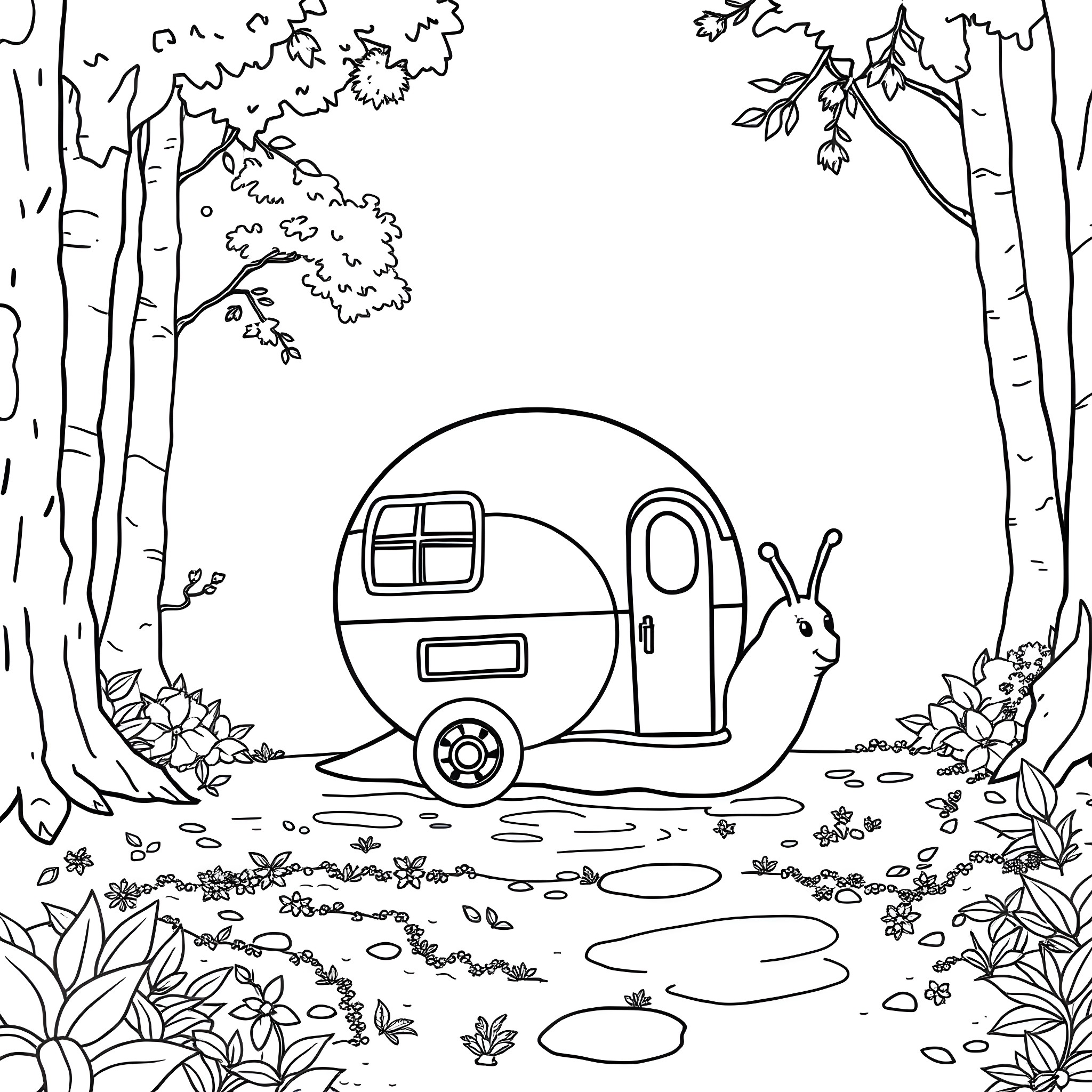 Snail towing a cozy camper in the forest Coloring Page (free black-and-white line drawing printable PDF for all, from beginners to advanced learners, including children, teens, adults, and seniors)