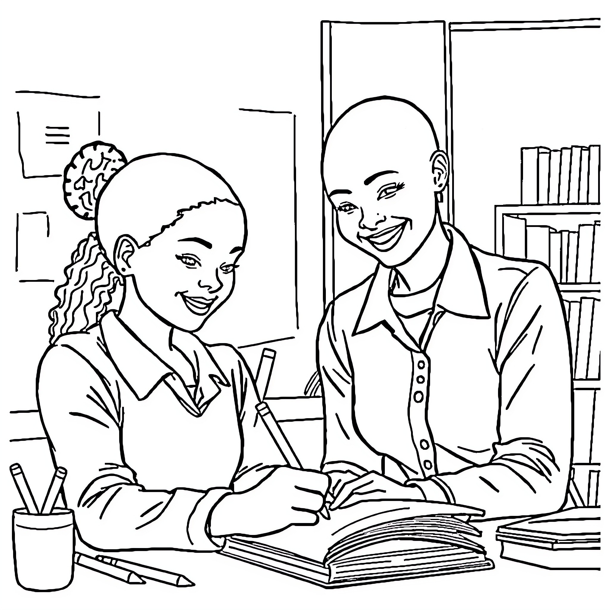Teacher and student studying together in the classroom Coloring Page (free black-and-white line drawing printable PDF for all, from beginners to advanced learners, including children, teens, adults, and seniors)