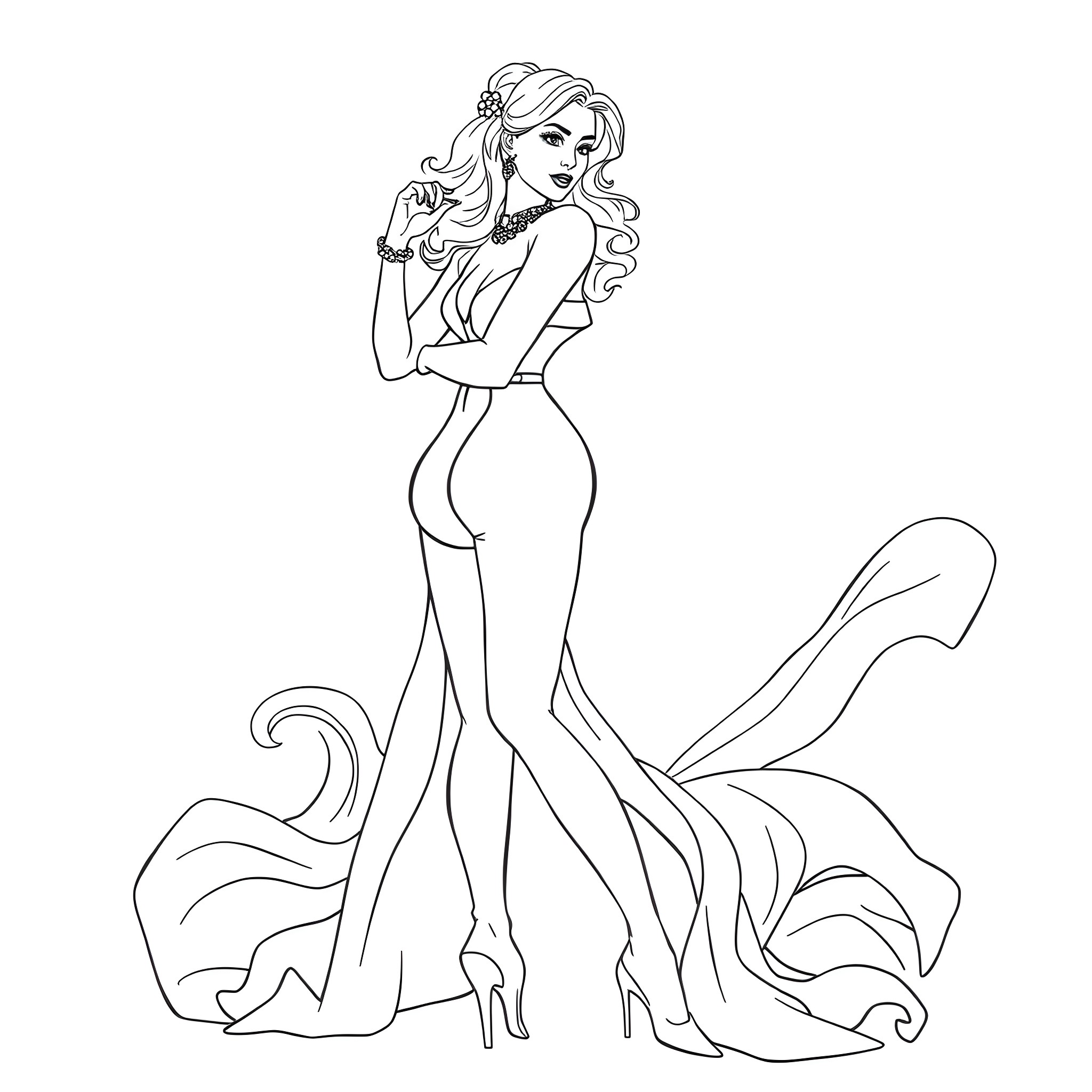 Woman in elegant evening gown posing confidently Coloring Page (free black-and-white line drawing printable PDF for all, from beginners to advanced learners, including children, teens, adults, and seniors)