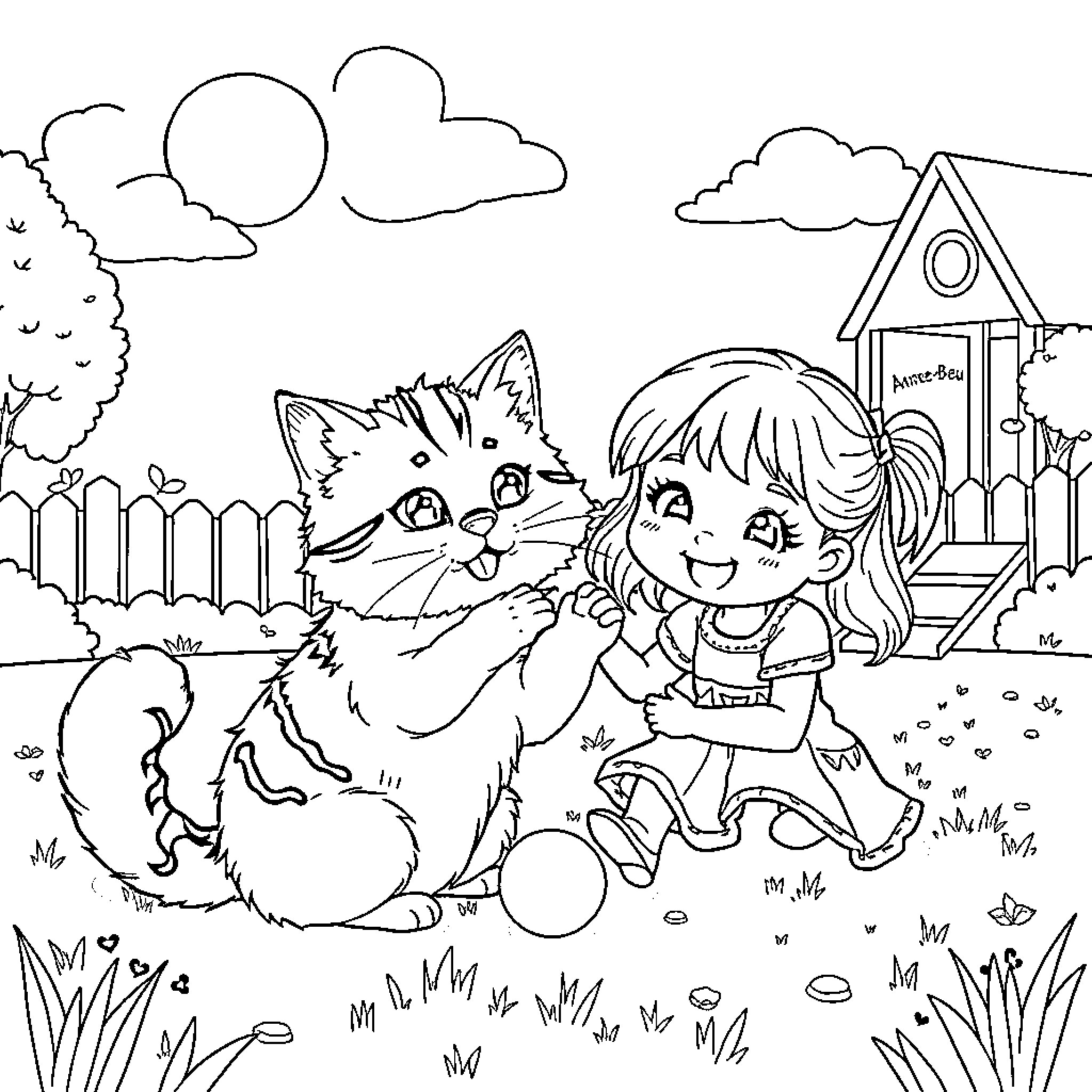 Cat and girl playing together in the yard Coloring Page (free black-and-white line drawing printable PDF for all, from beginners to advanced learners, including children, teens, adults, and seniors)