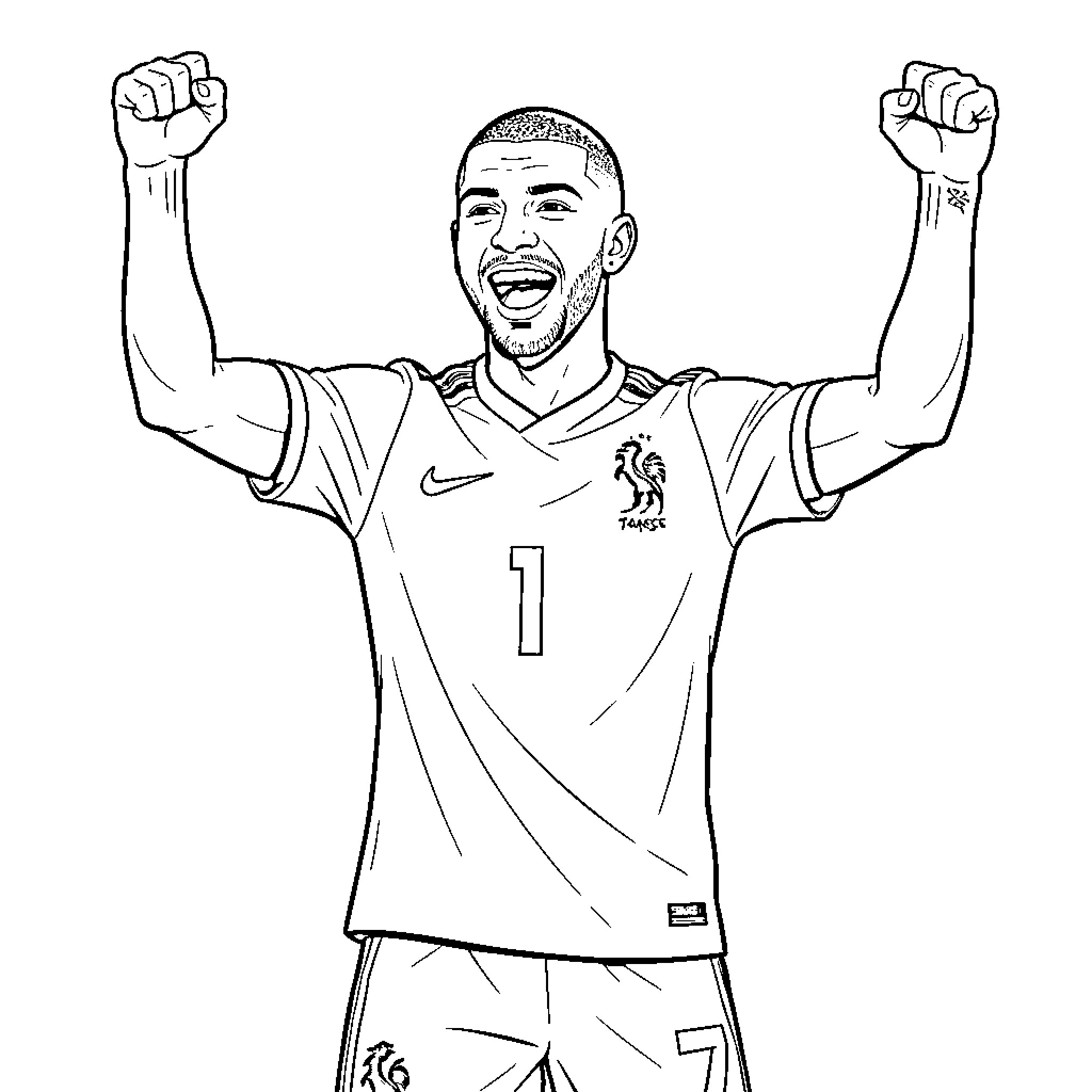 Mbappe celebrating a goal with arms raised high Coloring Page (free black-and-white line drawing printable PDF for all, from beginners to advanced learners, including children, teens, adults, and seniors)