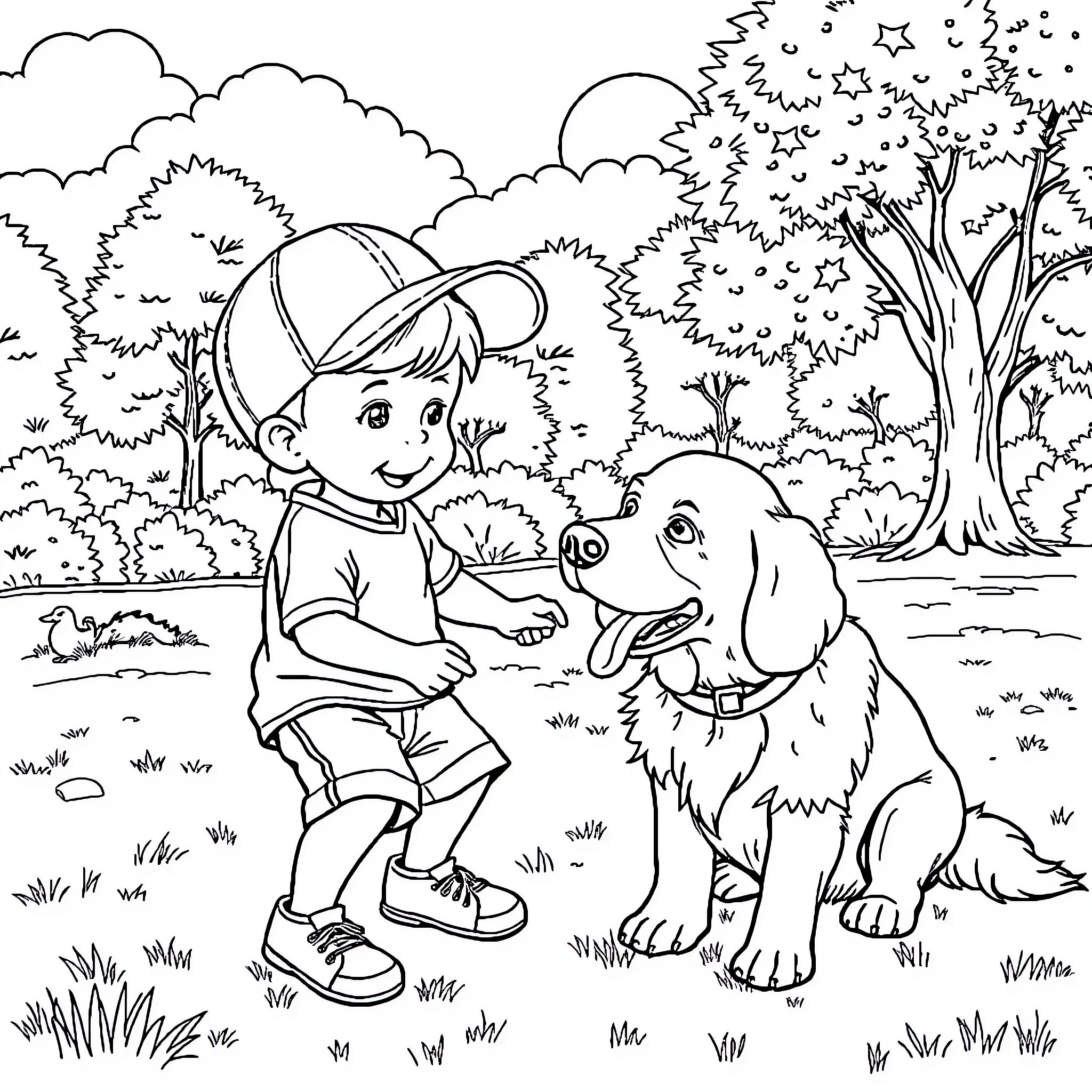 Boy playing with his dog in the park Coloring Page (free black-and-white line drawing printable PDF for all, from beginners to advanced learners, including children, teens, adults, and seniors)