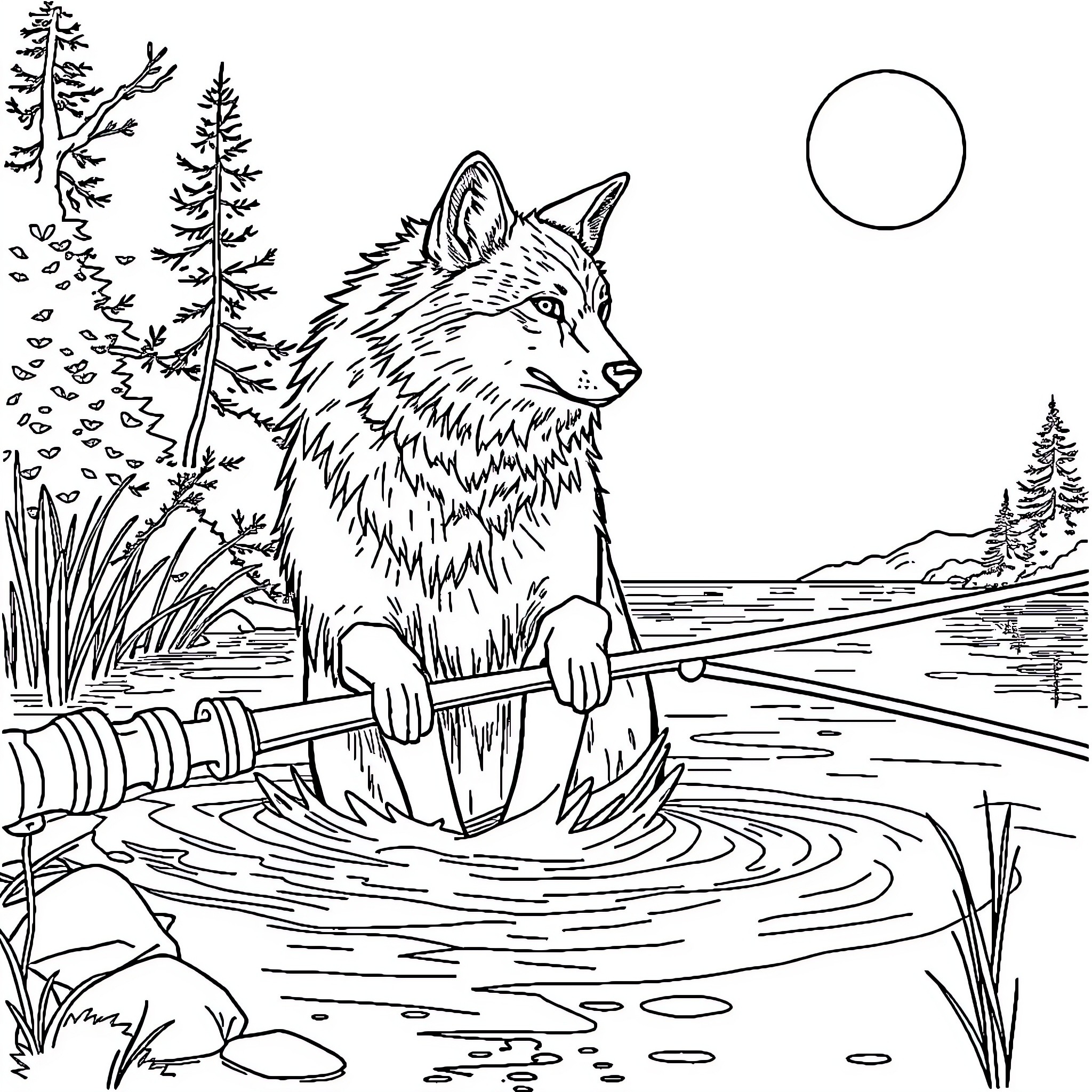 Wolf Hunting for Fish in the Forest River Coloring Page (free black-and-white line drawing printable PDF for all, from beginners to advanced learners, including children, teens, adults, and seniors)