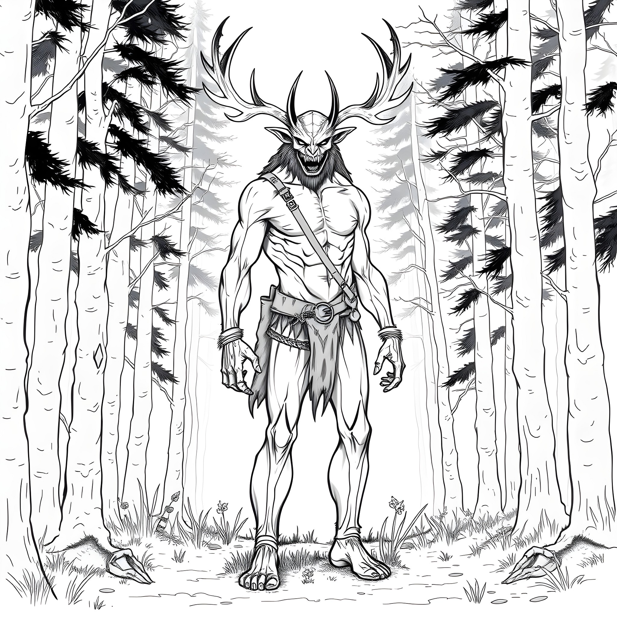 Hunter confronting a fearsome creature in the forest Coloring Page (free black-and-white line drawing printable PDF for all, from beginners to advanced learners, including children, teens, adults, and seniors)