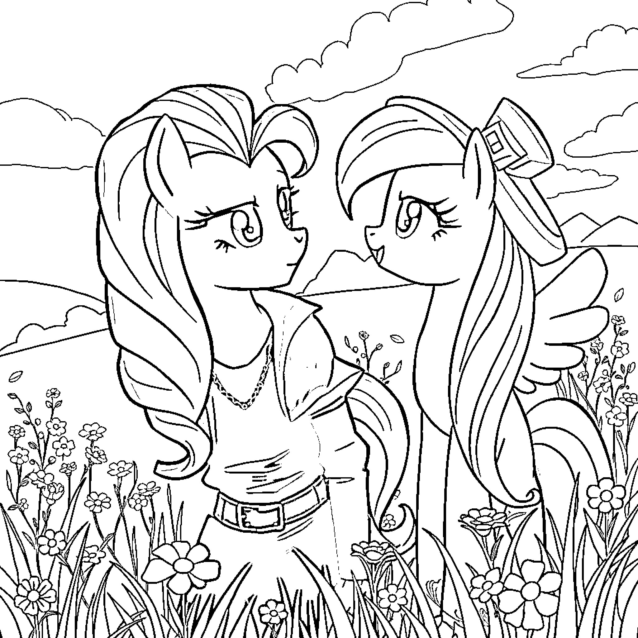 Pinkie Pie and friends exploring the meadow Coloring Page (free black-and-white line drawing printable PDF for all, from beginners to advanced learners, including children, teens, adults, and seniors)