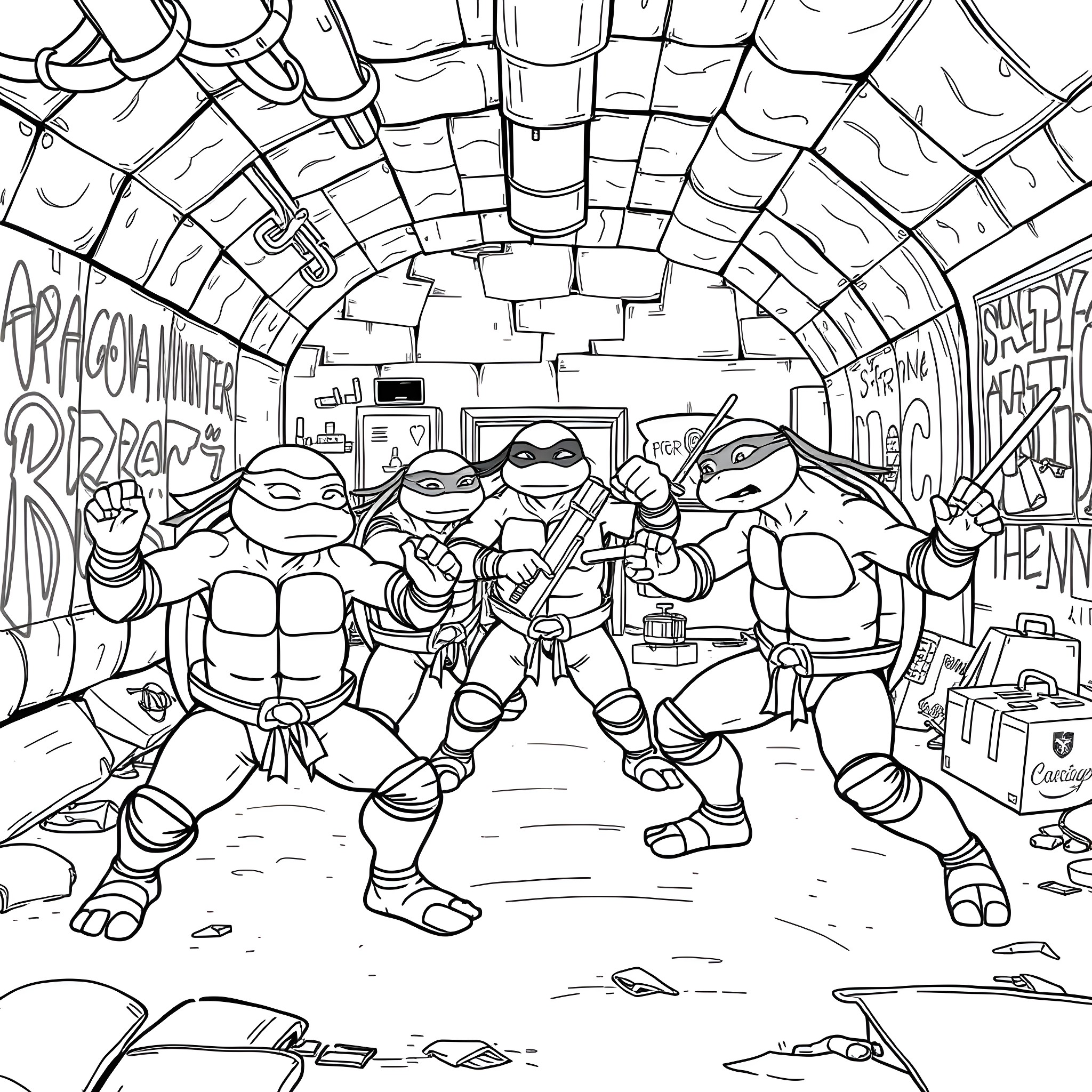 Teenage Mutant Ninja Turtles exploring an underground hideout Coloring Page (free black-and-white line drawing printable PDF for all, from beginners to advanced learners, including children, teens, adults, and seniors)