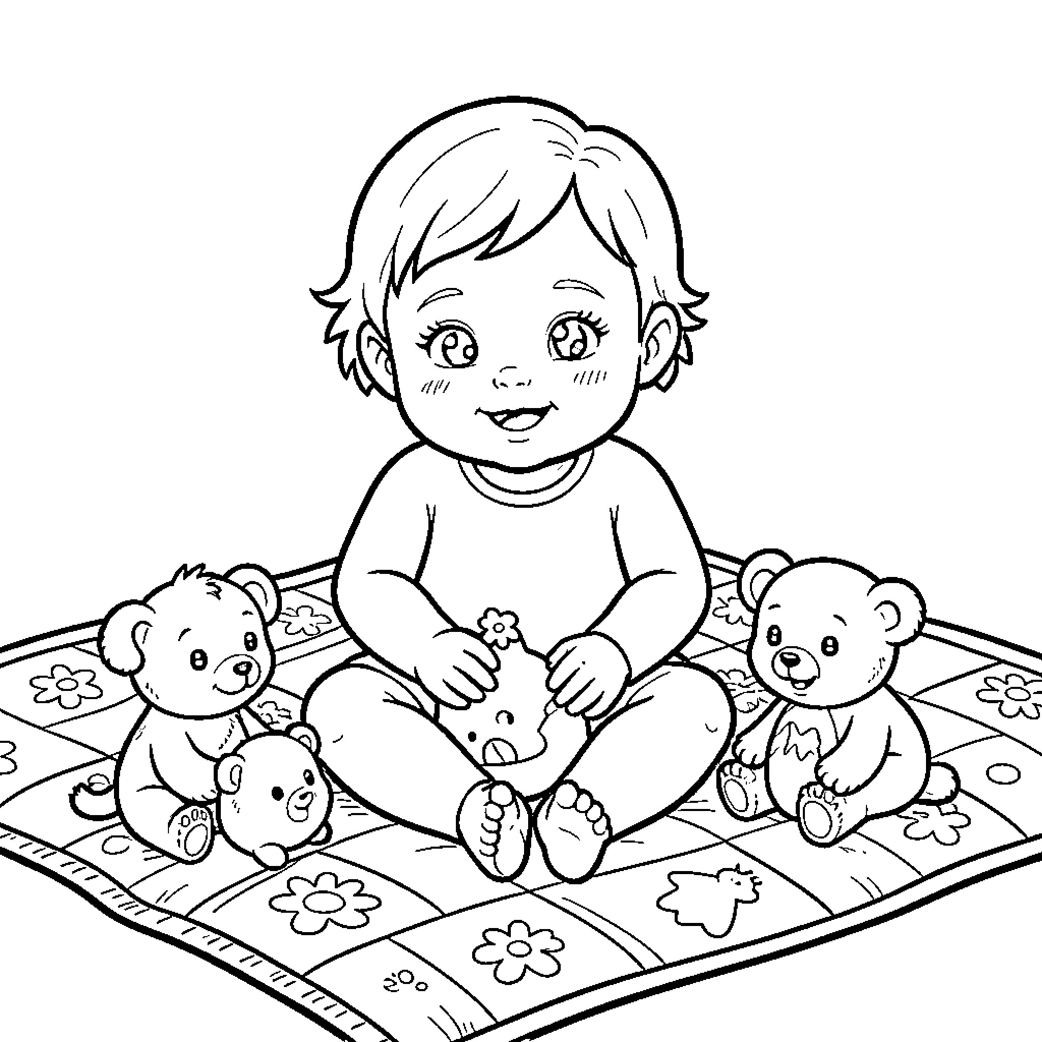 Baby Girl sitting on a mat with teddy bears Coloring Page (free black-and-white line drawing printable PDF for all, from beginners to advanced learners, including children, teens, adults, and seniors)