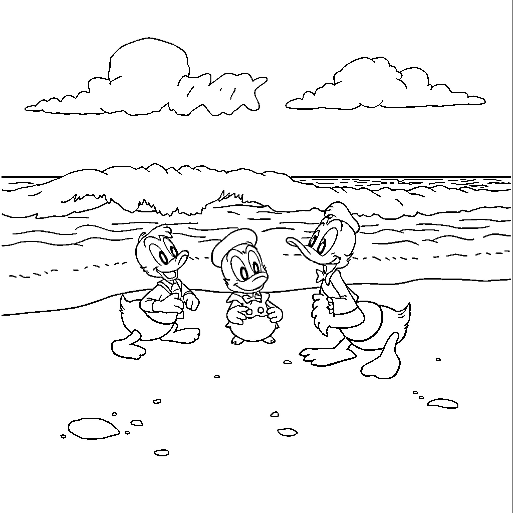 Duck friends enjoying a day at the beach Coloring Page (free black-and-white line drawing printable PDF for all, from beginners to advanced learners, including children, teens, adults, and seniors)