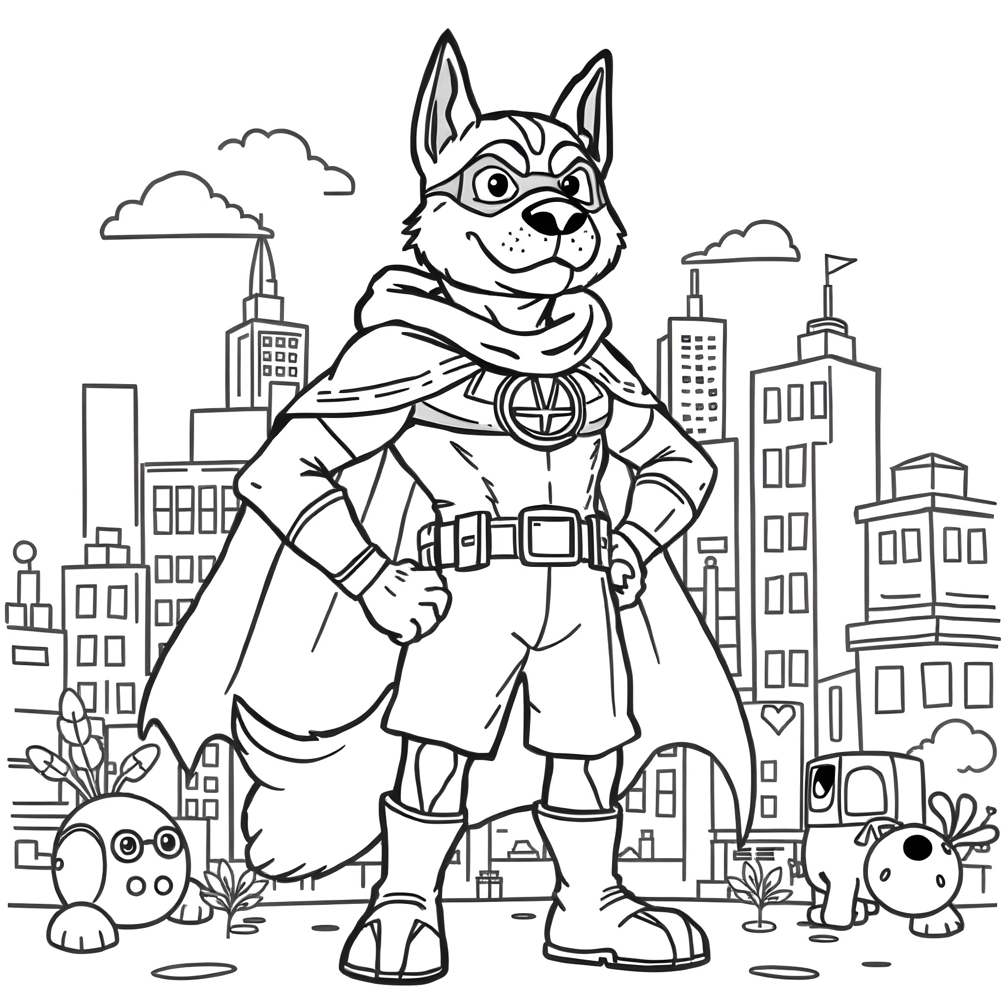 Dog Man saves the city from disaster Coloring Page (free black-and-white line drawing printable PDF for all, from beginners to advanced learners, including children, teens, adults, and seniors)