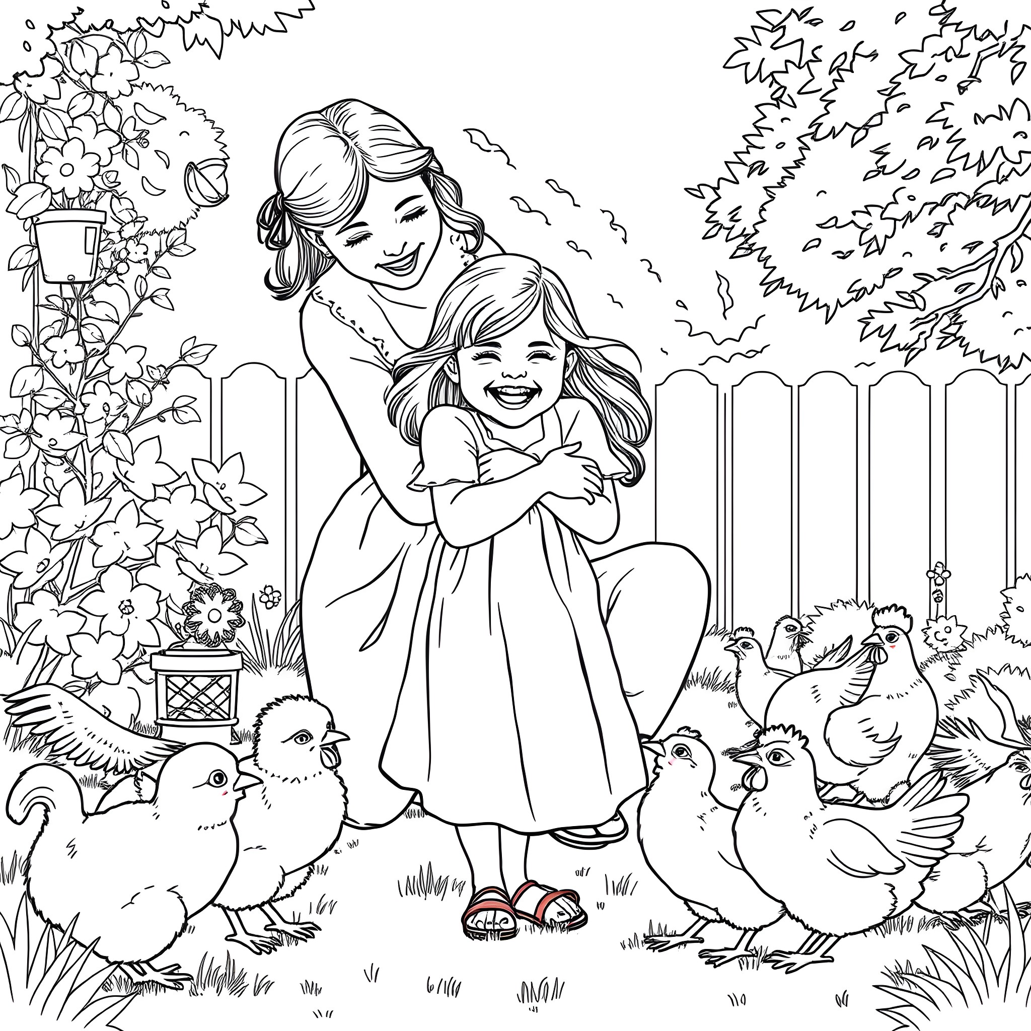 Family Enjoying Time in the Garden with Animals Coloring Page (free black-and-white line drawing printable PDF for all, from beginners to advanced learners, including children, teens, adults, and seniors)