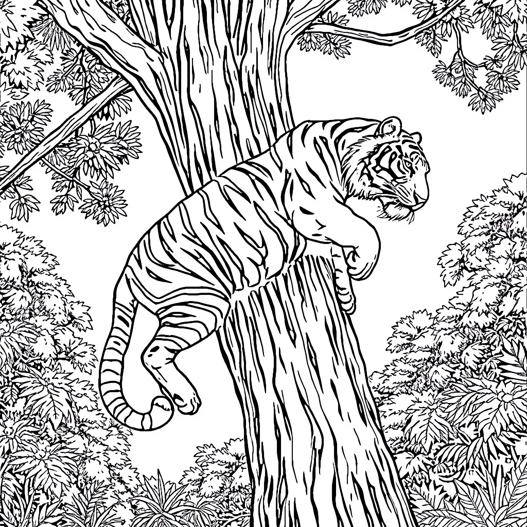 Tiger Resting Atop a Tree in the Jungle Coloring Page (free black-and-white line drawing printable PDF for all, from beginners to advanced learners, including children, teens, adults, and seniors)