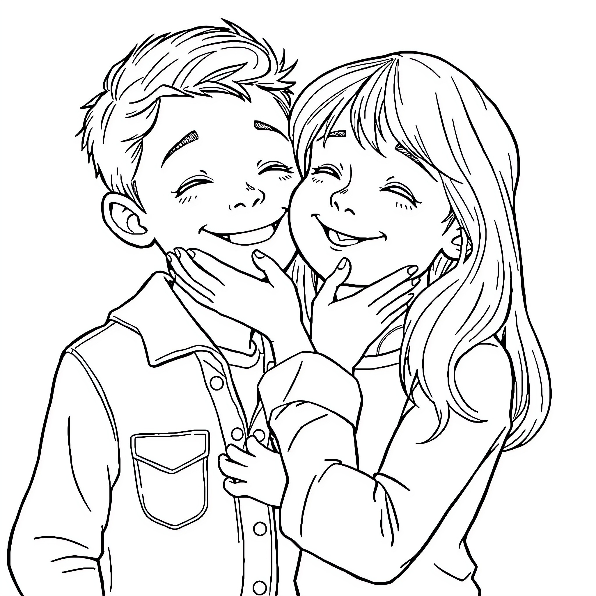 Girl and Boy Embrace with Affection Coloring Page (free black-and-white line drawing printable PDF for all, from beginners to advanced learners, including children, teens, adults, and seniors)