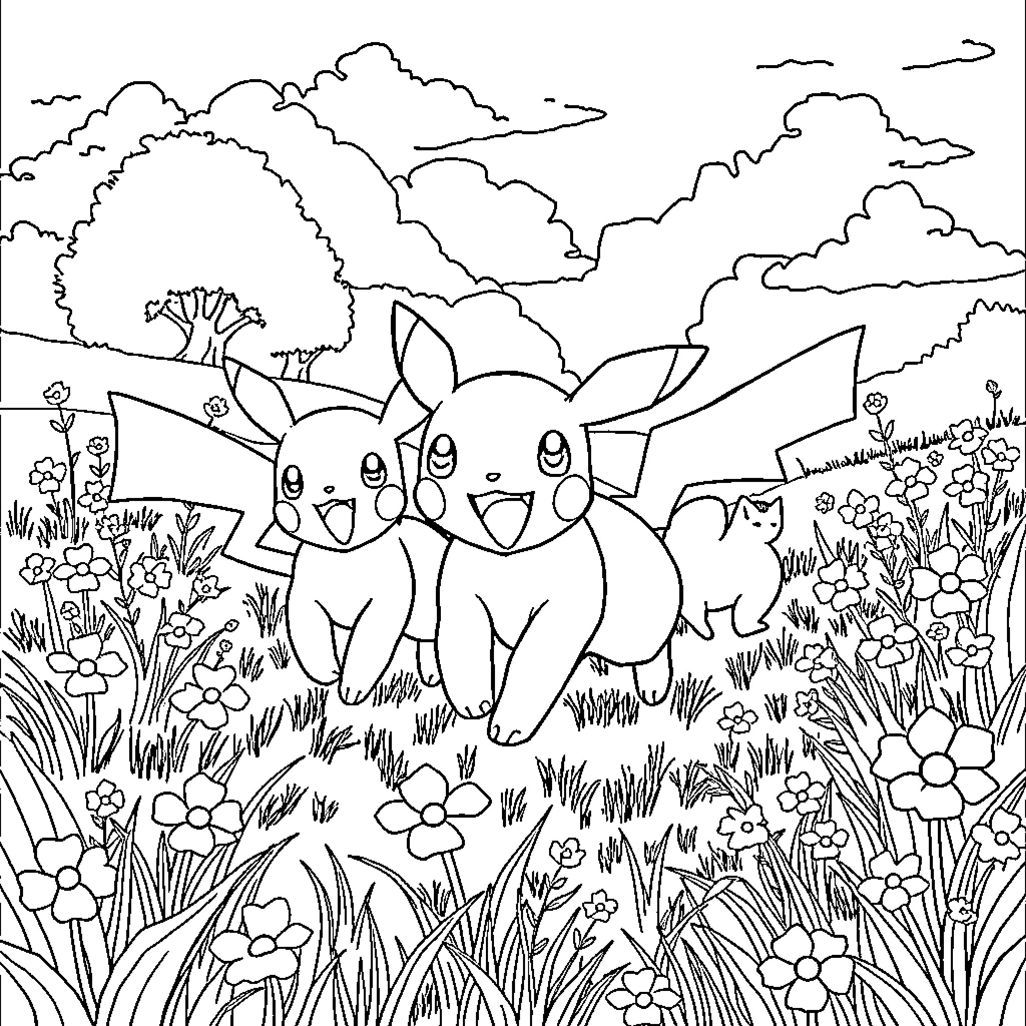 Pokémon Pikachu enjoying nature in the meadow Coloring Page (free black-and-white line drawing printable PDF for all, from beginners to advanced learners, including children, teens, adults, and seniors)