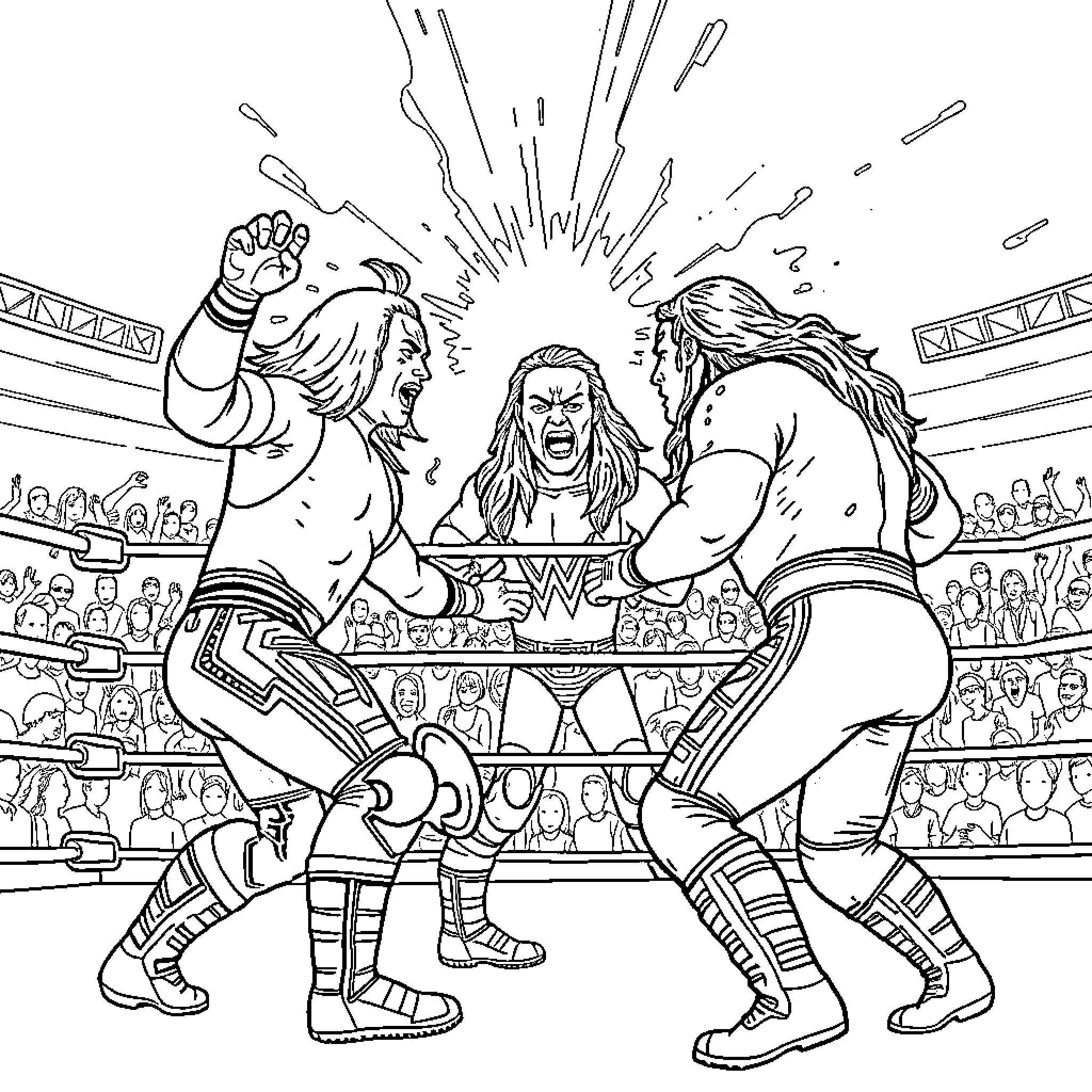 WWE Intense Wrestling Match Showdown Coloring Page (free black-and-white line drawing printable PDF for all, from beginners to advanced learners, including children, teens, adults, and seniors)