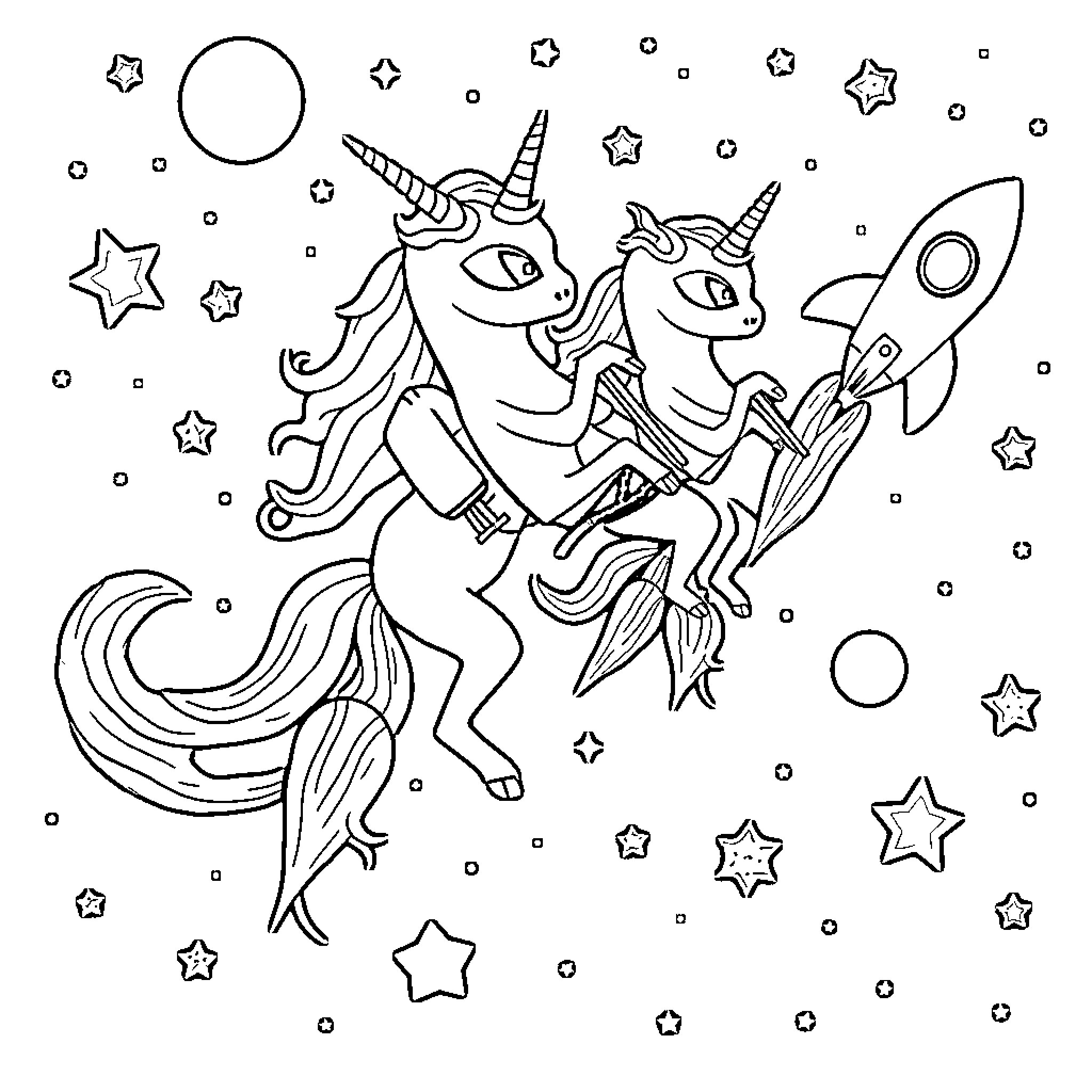 Unicorn friends riding a rocket through the stars Coloring Page (free black-and-white line drawing printable PDF for all, from beginners to advanced learners, including children, teens, adults, and seniors)