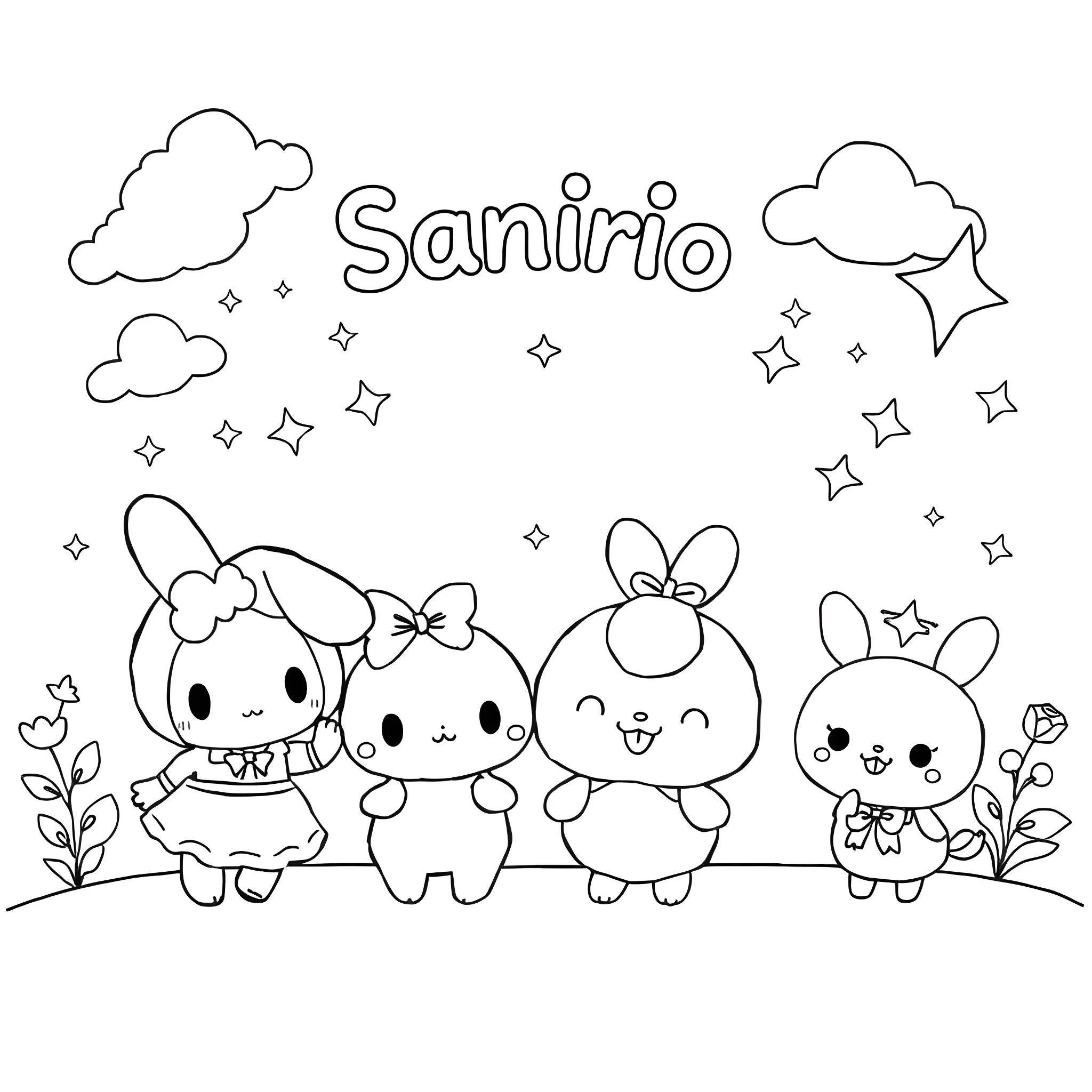 Sanrio characters playing happily in the park Coloring Page (free black-and-white line drawing printable PDF for all, from beginners to advanced learners, including children, teens, adults, and seniors)