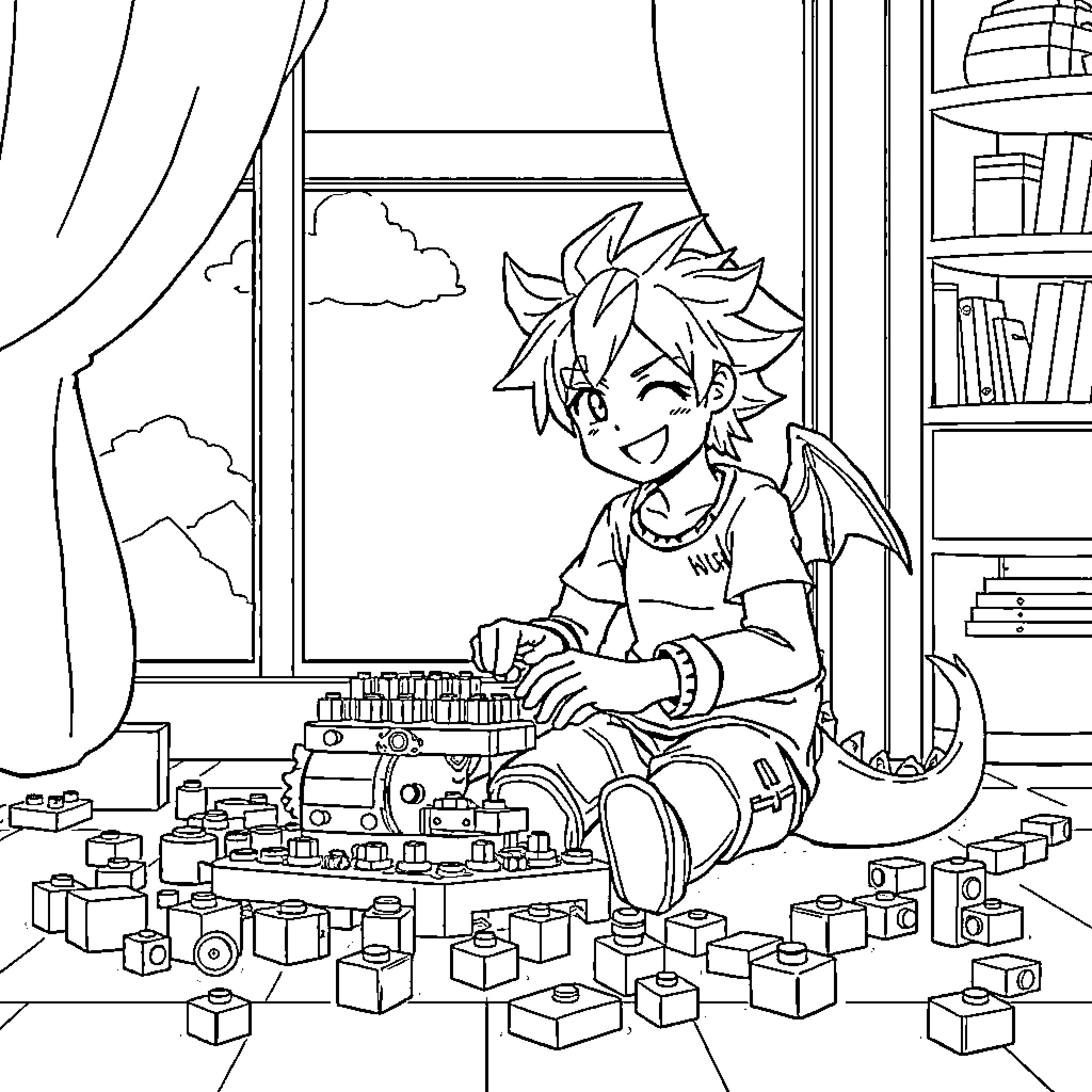 Natsu Dragneel playing with building blocks in his room Coloring Page (free black-and-white line drawing printable PDF for all, from beginners to advanced learners, including children, teens, adults, and seniors)