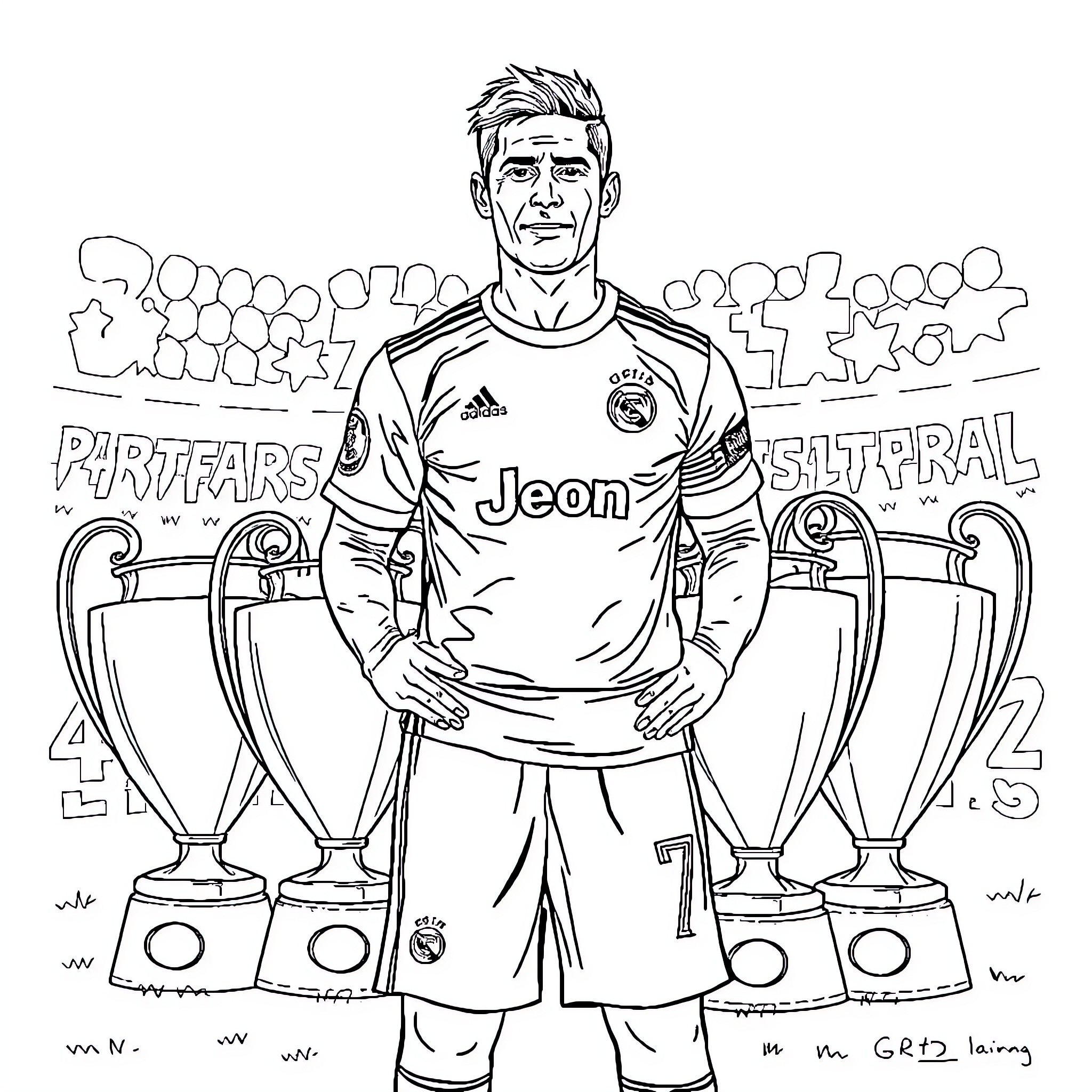 Cr7 Footballer Posing with Trophies Coloring Page (free black-and-white line drawing printable PDF for all, from beginners to advanced learners, including children, teens, adults, and seniors)