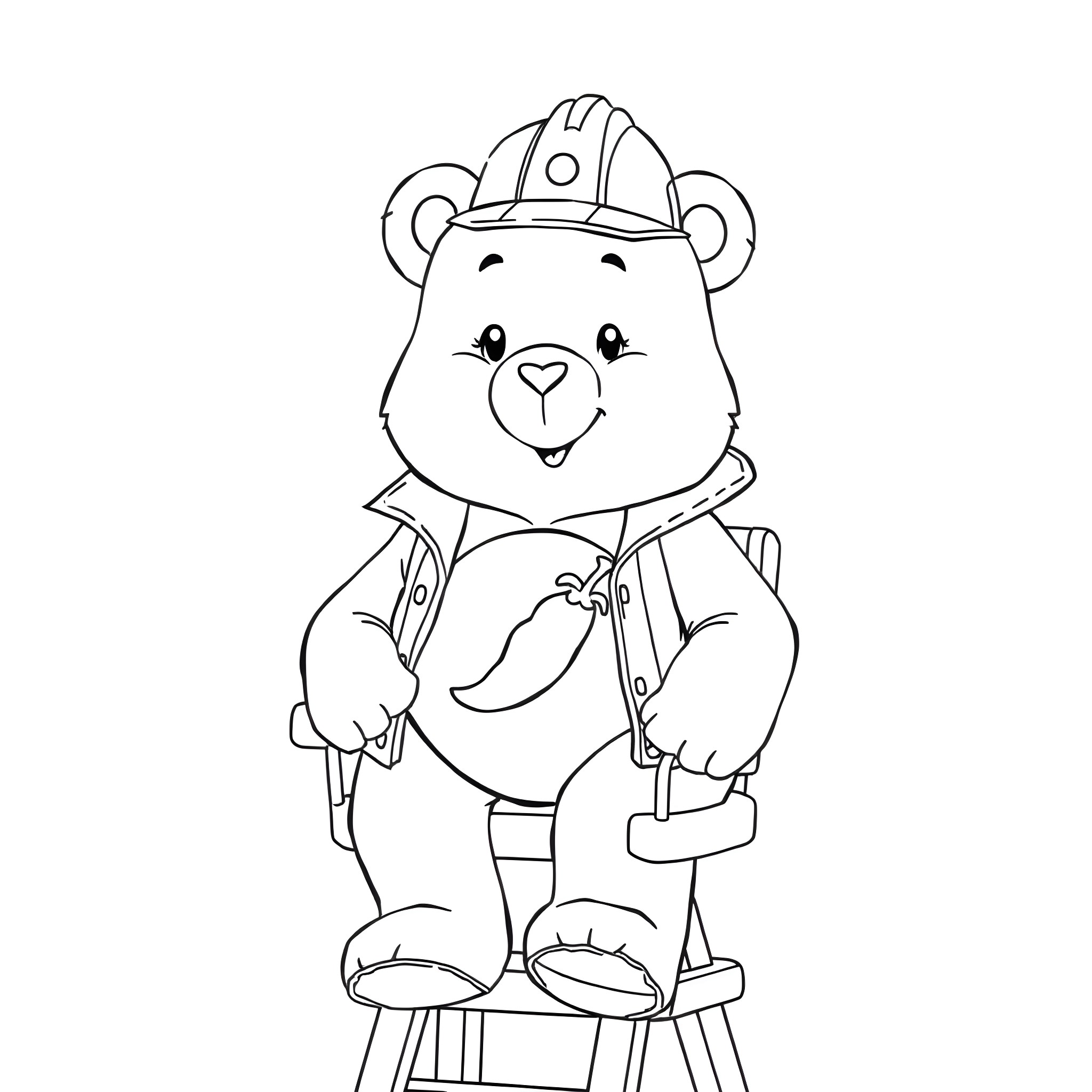 Care Bear Construction Worker Building with Tools Coloring Page (free black-and-white line drawing printable PDF for all, from beginners to advanced learners, including children, teens, adults, and seniors)