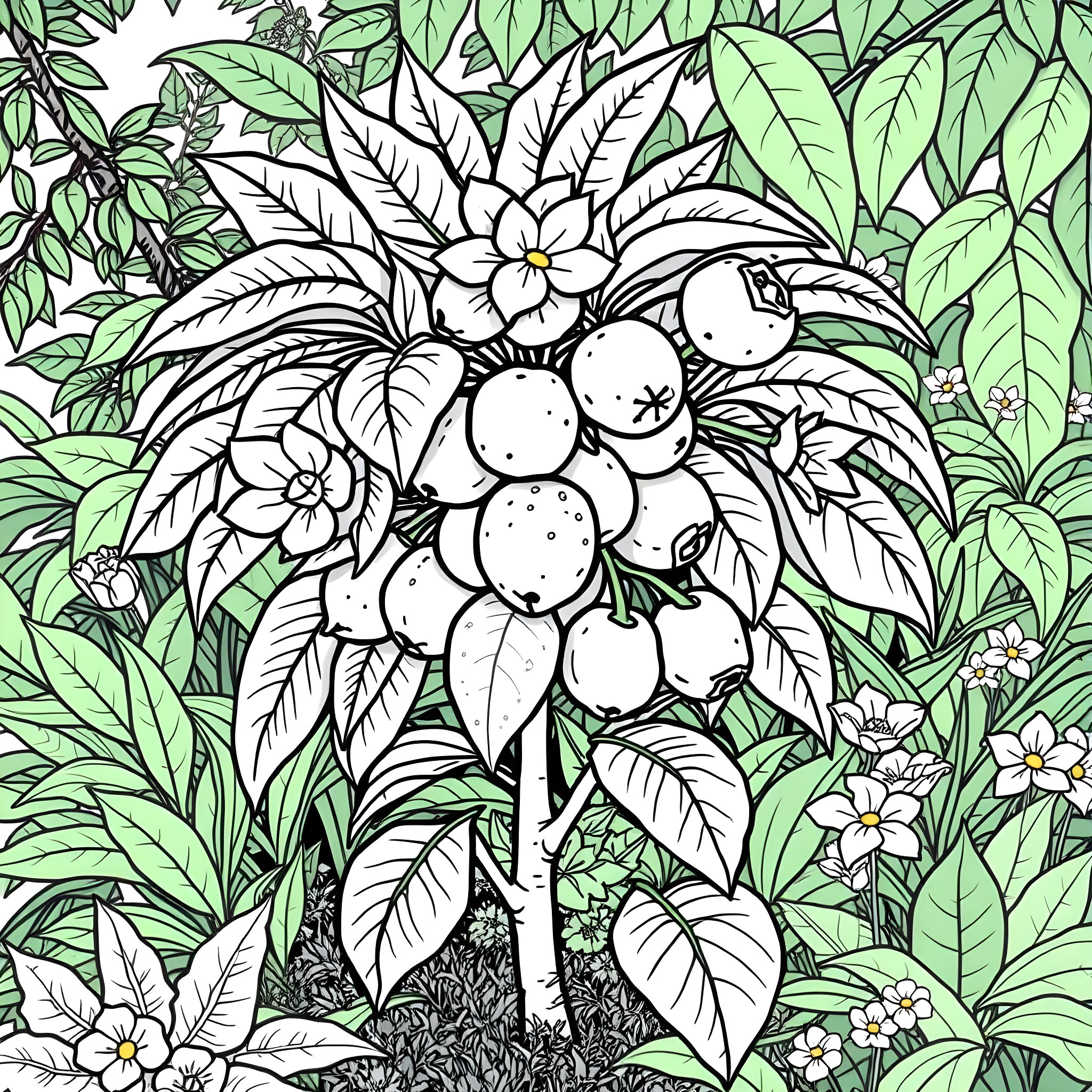 Abiu Fruit amidst lush tropical foliage Coloring Page (free black-and-white line drawing printable PDF for all, from beginners to advanced learners, including children, teens, adults, and seniors)