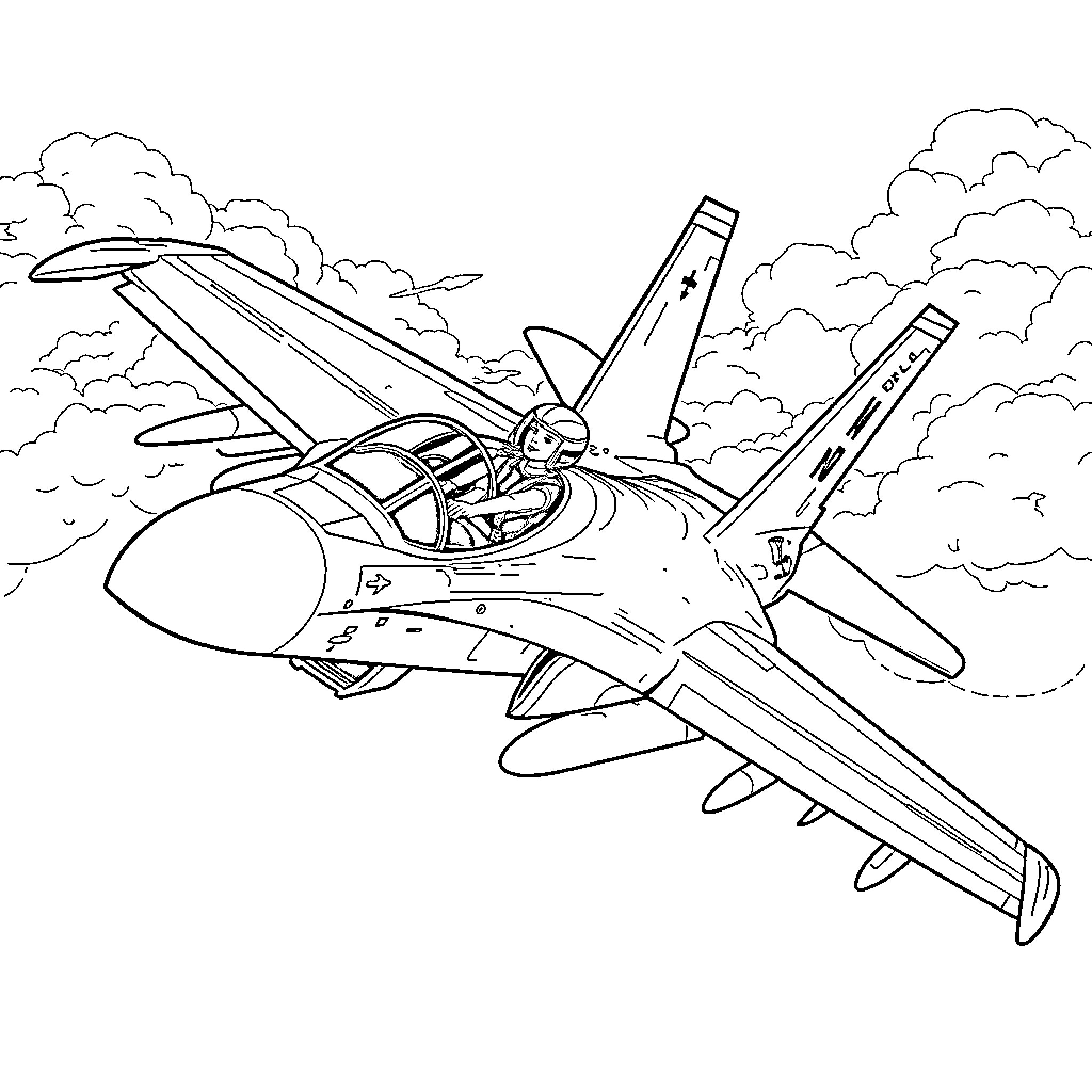 F-18 Fighter Jet Soaring Through Clouds Coloring Page (free black-and-white line drawing printable PDF for all, from beginners to advanced learners, including children, teens, adults, and seniors)