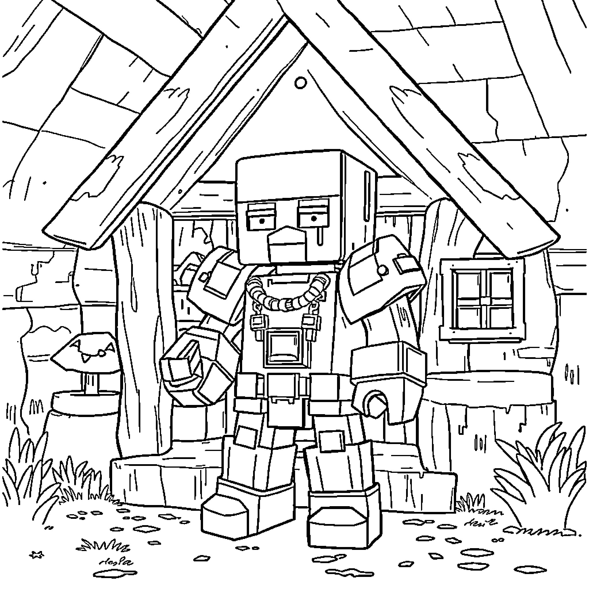 Wroughtnaut battling in a cabin scene Coloring Page (free black-and-white line drawing printable PDF for all, from beginners to advanced learners, including children, teens, adults, and seniors)