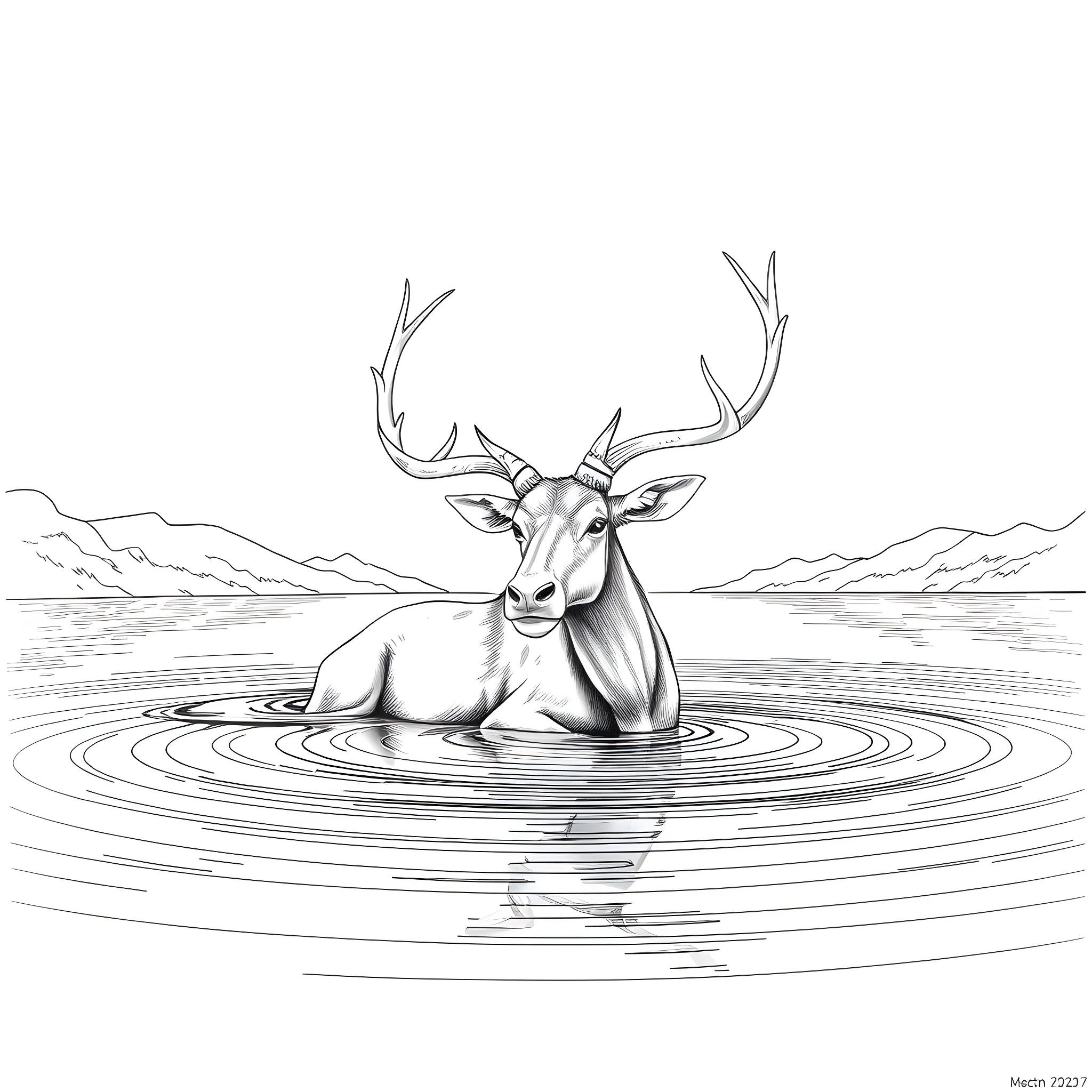 Uktena - Deer spirit in tranquil waters Coloring Page (free black-and-white line drawing printable PDF for all, from beginners to advanced learners, including children, teens, adults, and seniors)