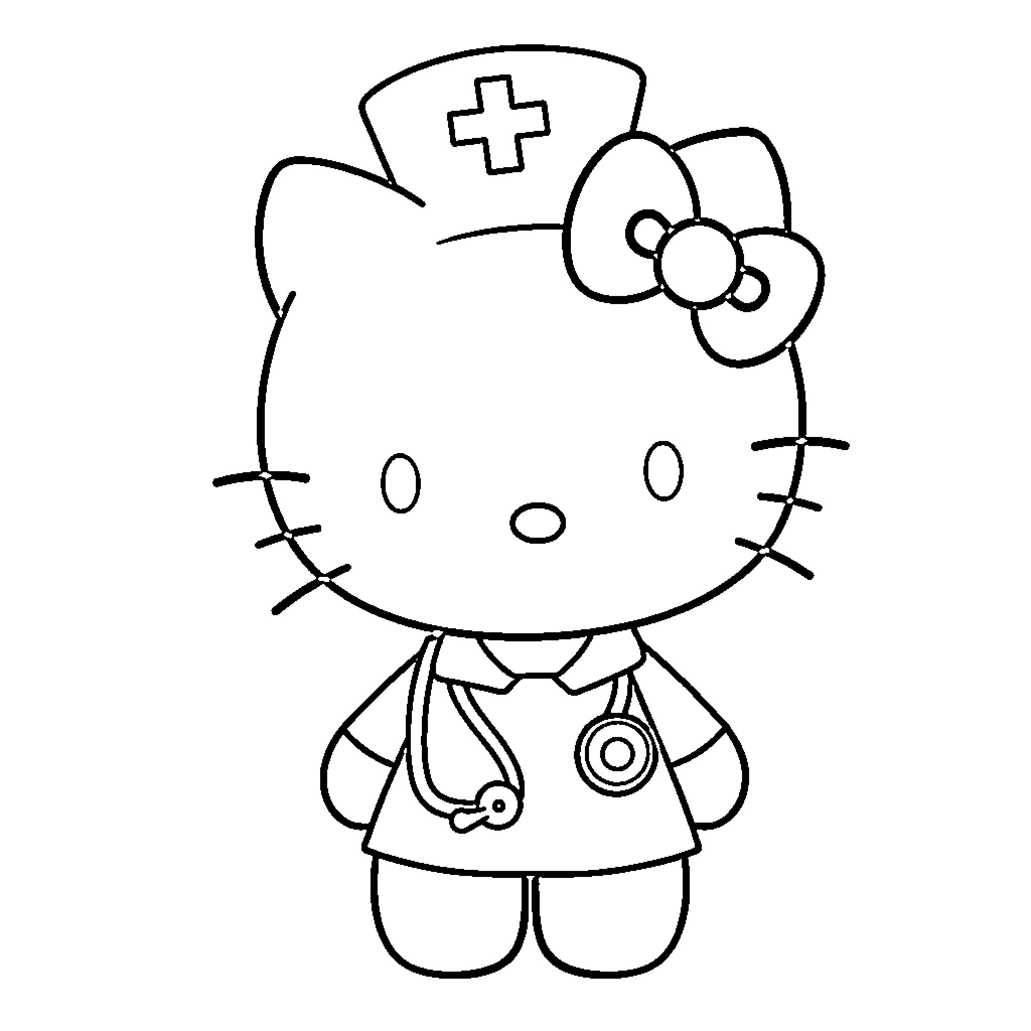 Hello Kitty dressed as a nurse Coloring Page (free black-and-white line drawing printable PDF for all, from beginners to advanced learners, including children, teens, adults, and seniors)