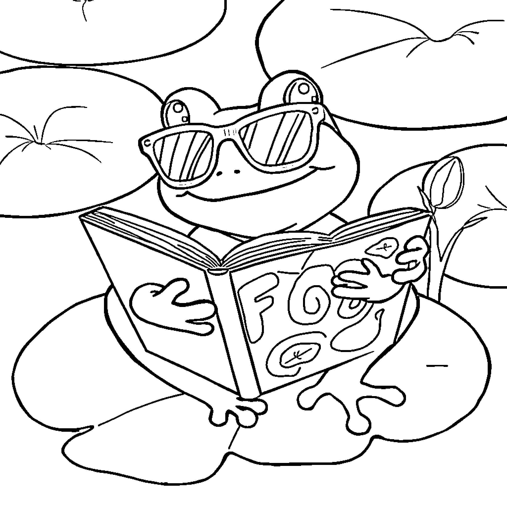 Frog reading book with glasses in nature Coloring Page (free black-and-white line drawing printable PDF for all, from beginners to advanced learners, including children, teens, adults, and seniors)