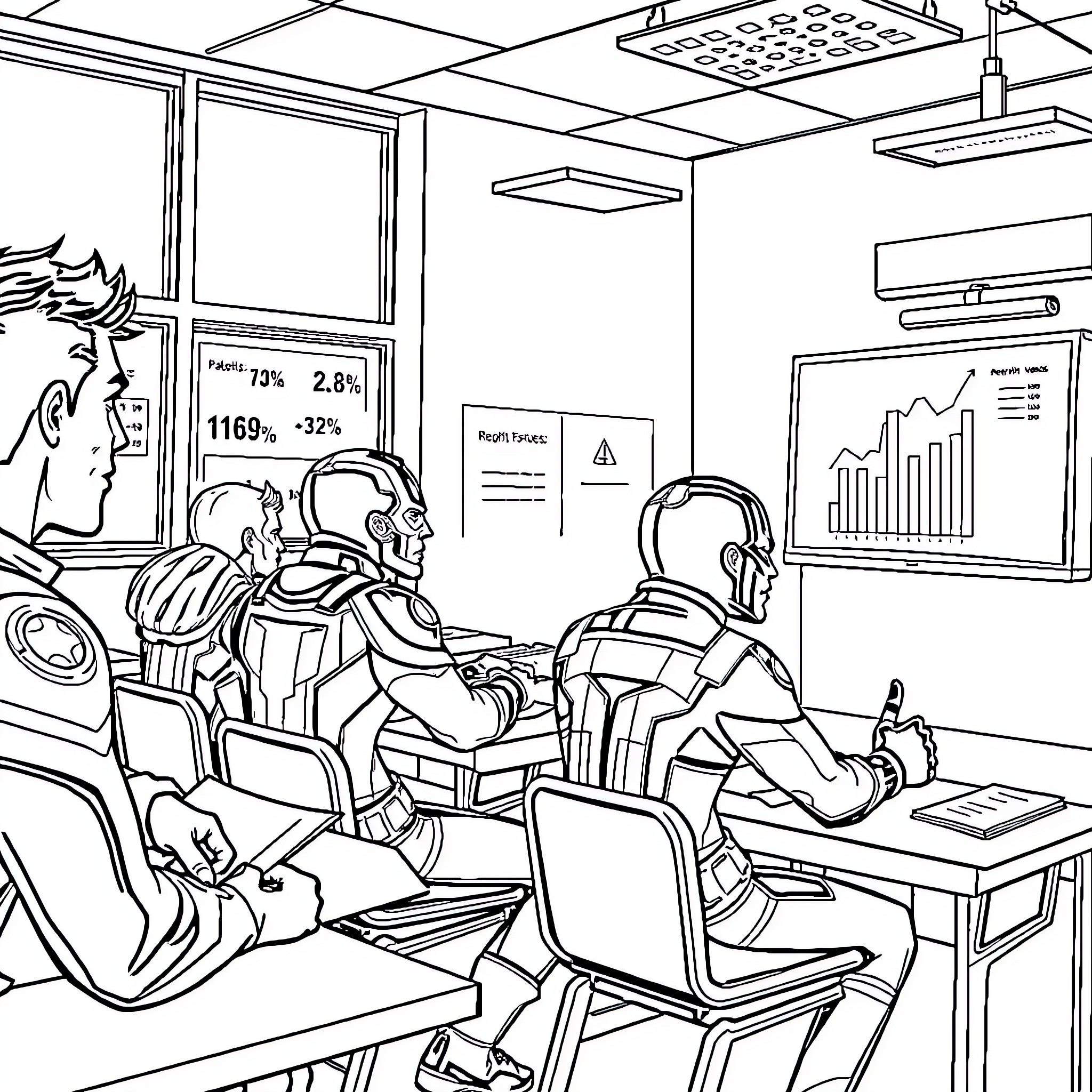 Avenger Heroes Strategizing in a Tech-Filled Office Coloring Page (free black-and-white line drawing printable PDF for all, from beginners to advanced learners, including children, teens, adults, and seniors)