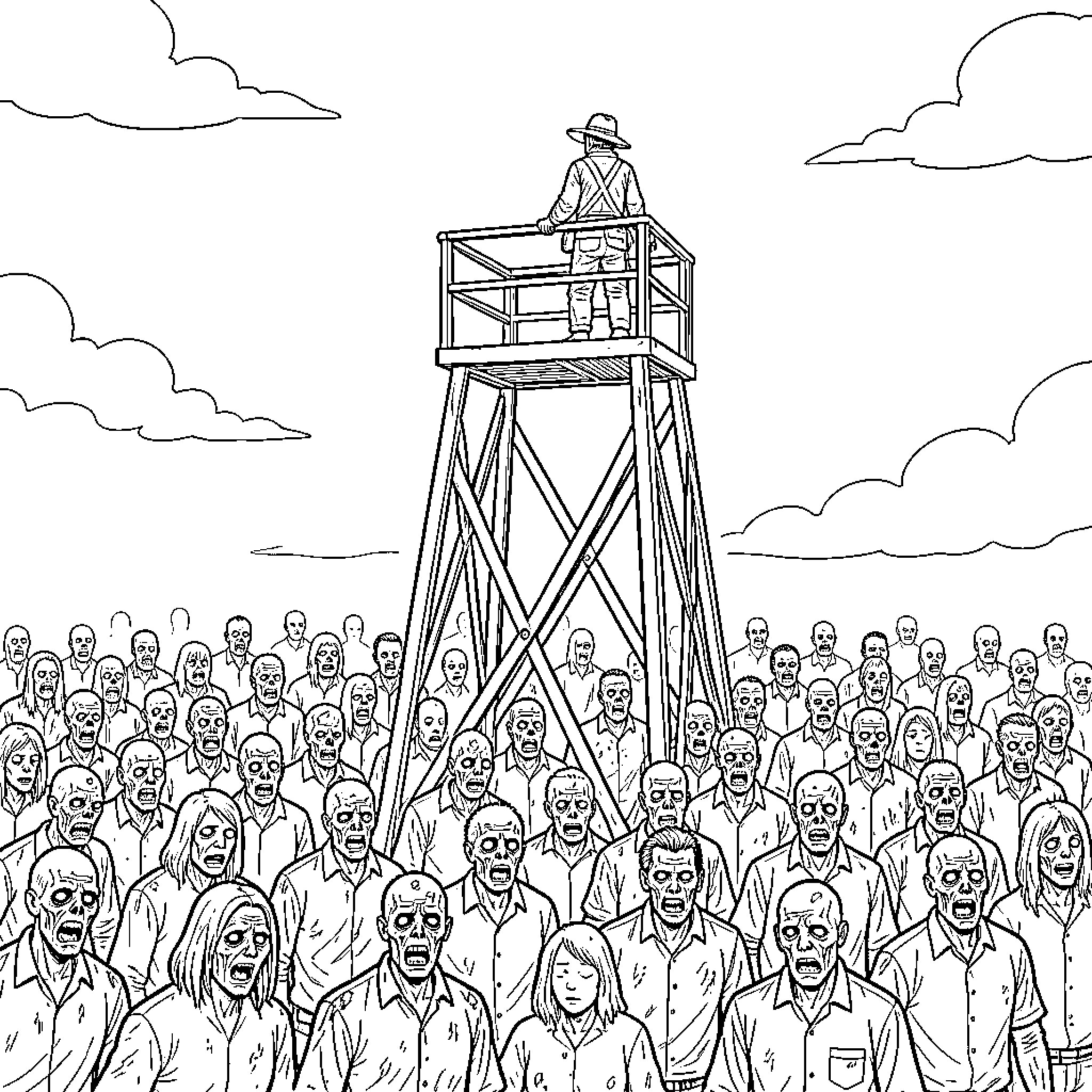 Zombie horde surrounding a man in a watchtower Coloring Page (free black-and-white line drawing printable PDF for all, from beginners to advanced learners, including children, teens, adults, and seniors)