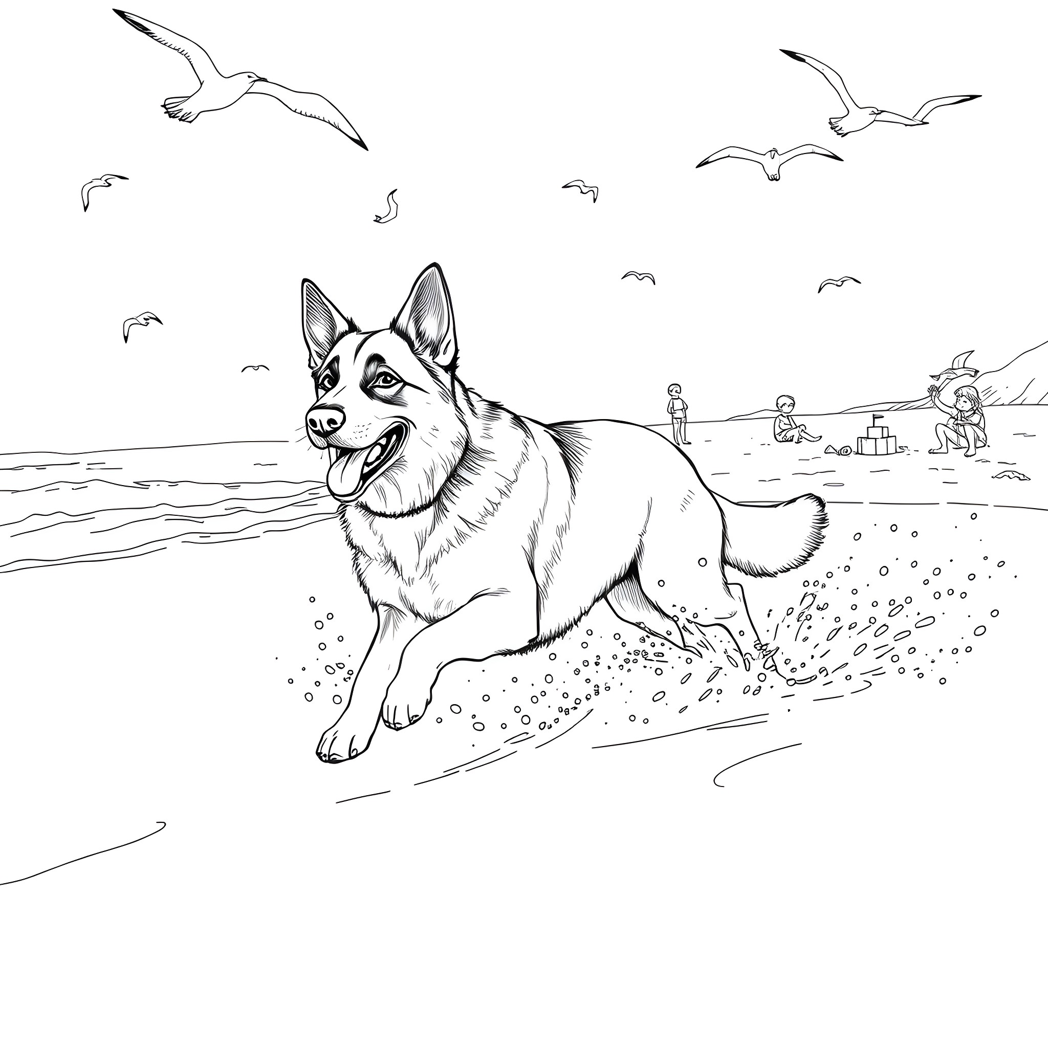 German Shepherd running happily on the beach Coloring Page (free black-and-white line drawing printable PDF for all, from beginners to advanced learners, including children, teens, adults, and seniors)