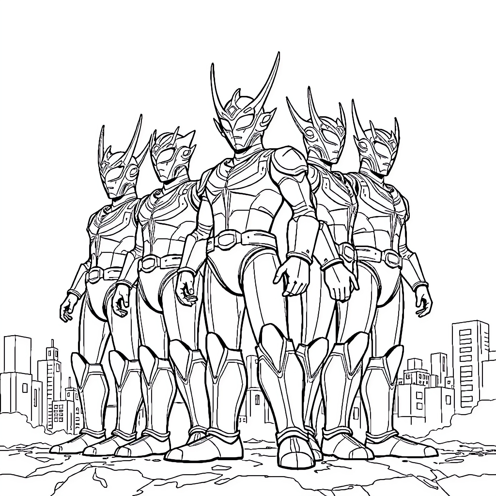 Ultramen in heroic battle formation Coloring Page (free black-and-white line drawing printable PDF for all, from beginners to advanced learners, including children, teens, adults, and seniors)