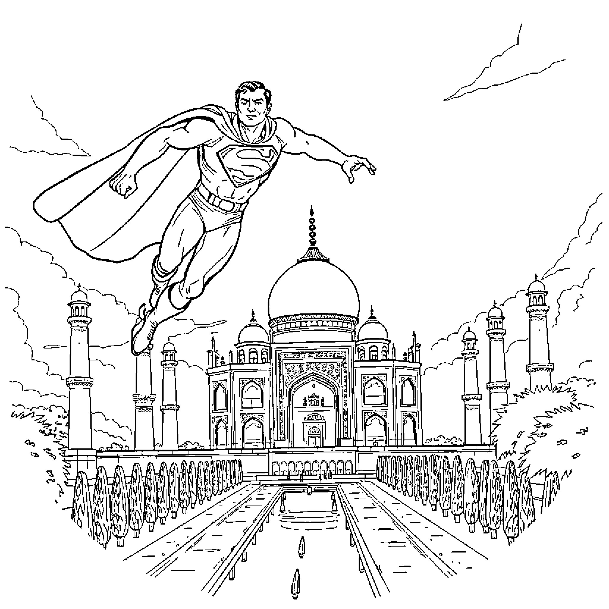 Superman Soaring over the Magnificent Taj Mahal Coloring Page (free black-and-white line drawing printable PDF for all, from beginners to advanced learners, including children, teens, adults, and seniors)