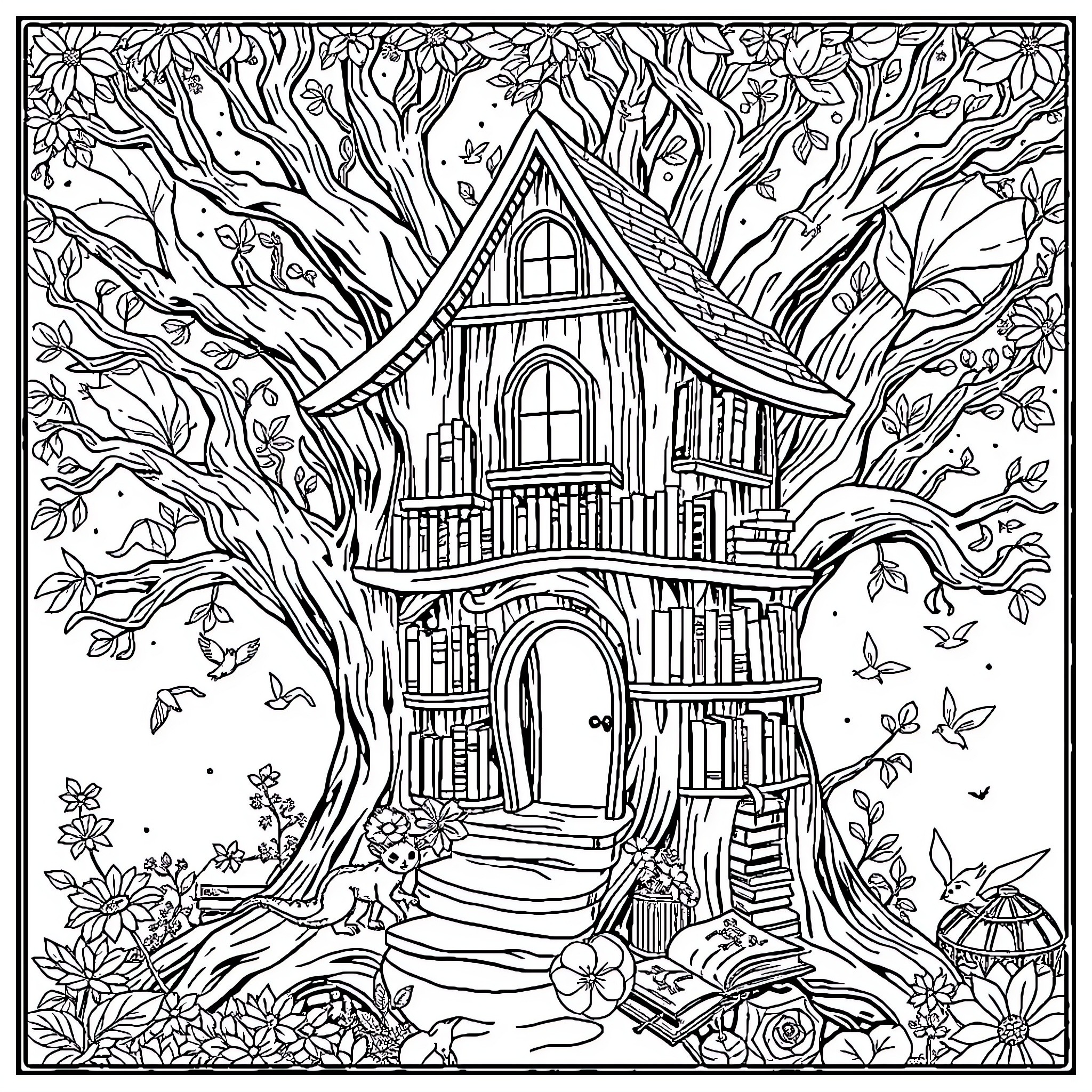 Treehouse with whimsical floral decor Coloring Page (free black-and-white line drawing printable PDF for all, from beginners to advanced learners, including children, teens, adults, and seniors)