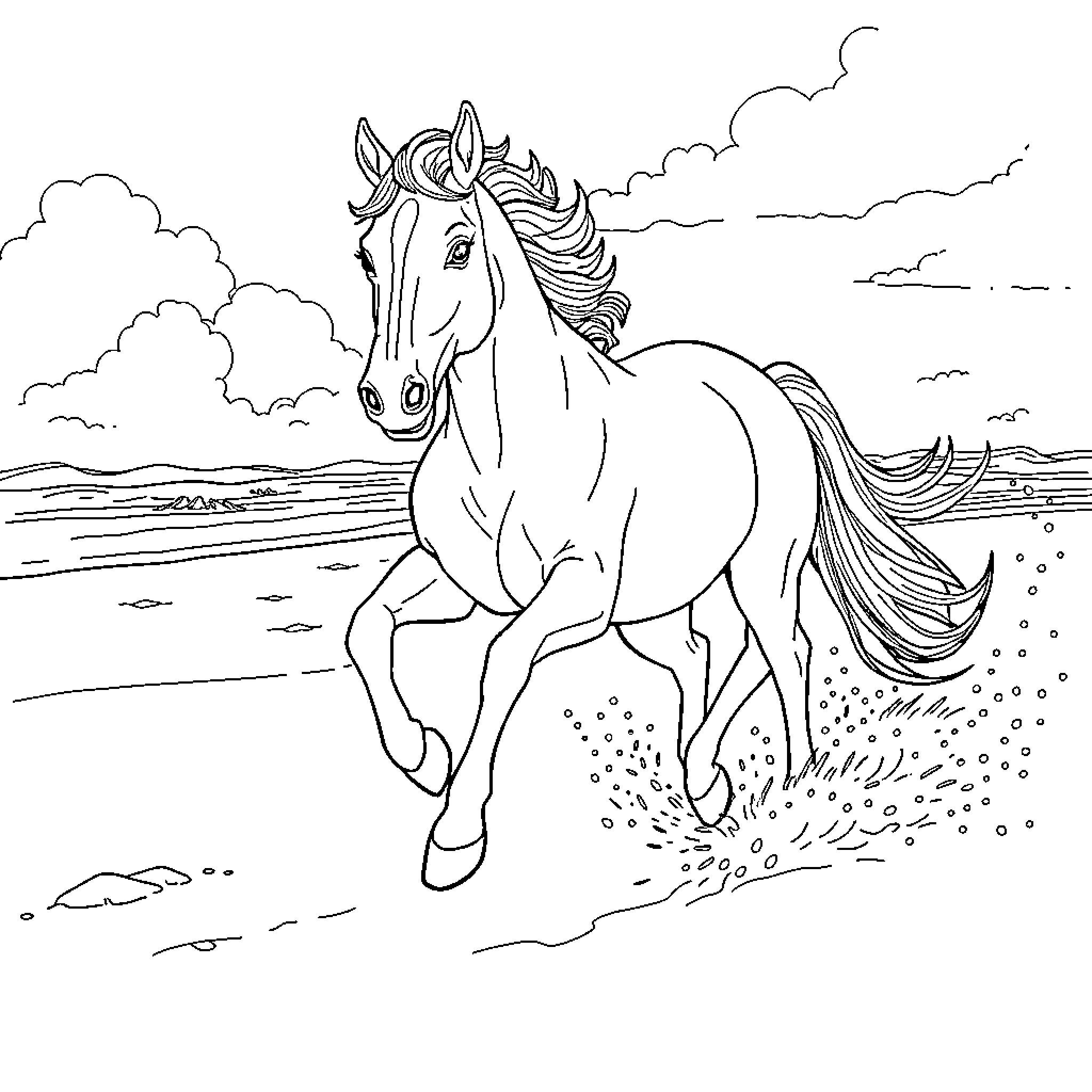 Horse galloping through the scenic landscape Coloring Page (free black-and-white line drawing printable PDF for all, from beginners to advanced learners, including children, teens, adults, and seniors)